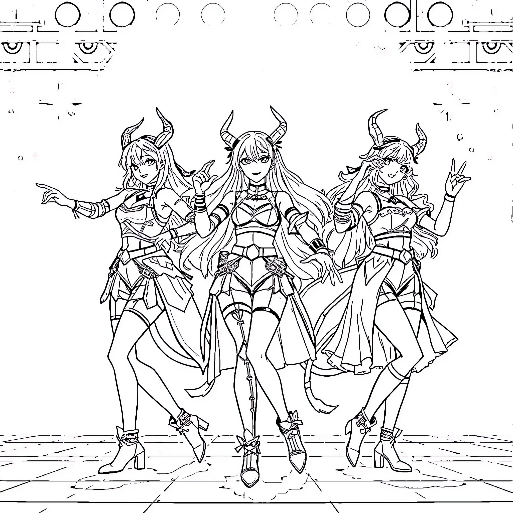 Kpop Demon Hunters in Fierce Outfits and Poses Coloring Page (free black-and-white line drawing printable PDF for all, from beginners to advanced learners, including children, teens, adults, and seniors)