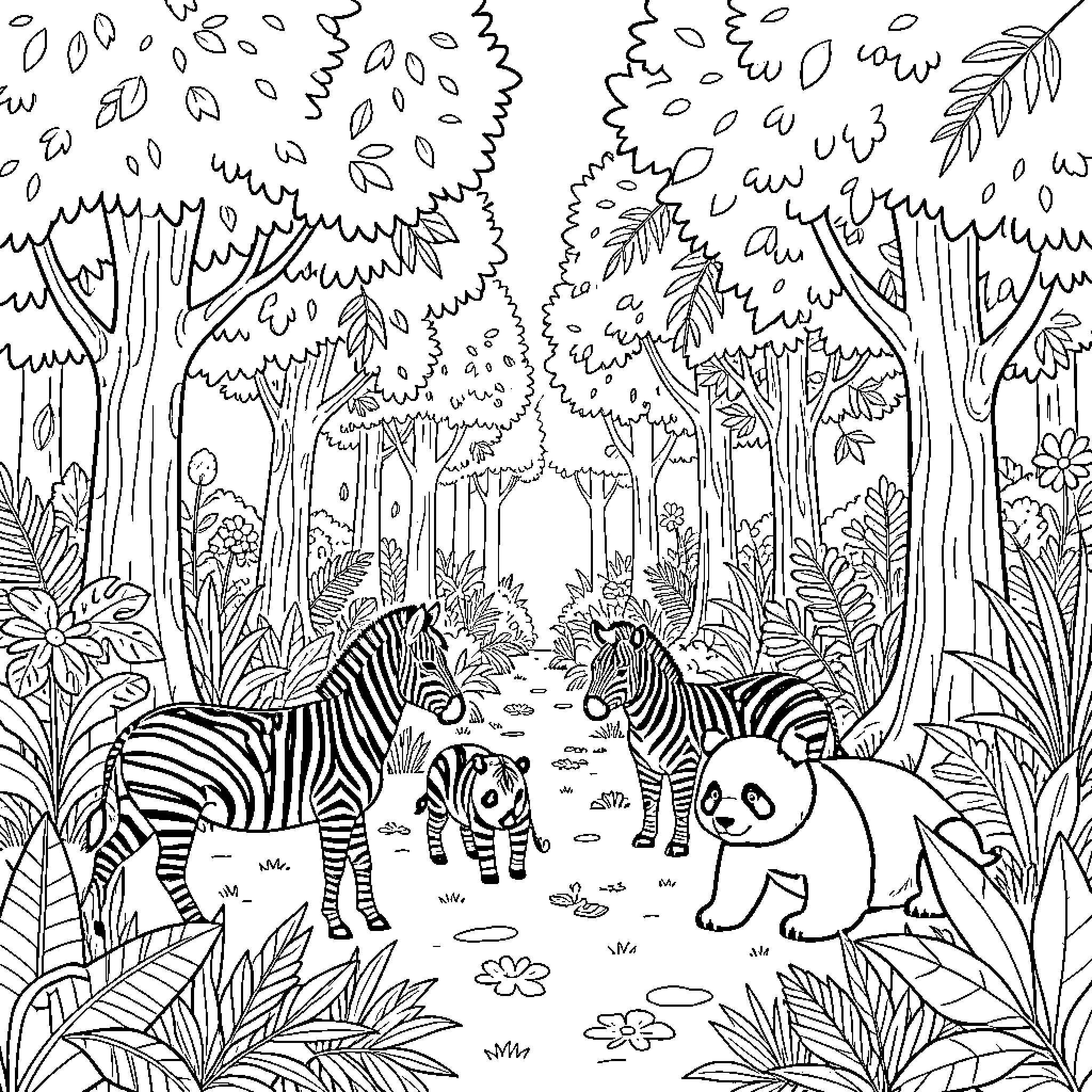 Animal adventure in the dense forest Coloring Page (free black-and-white line drawing printable PDF for all, from beginners to advanced learners, including children, teens, adults, and seniors)