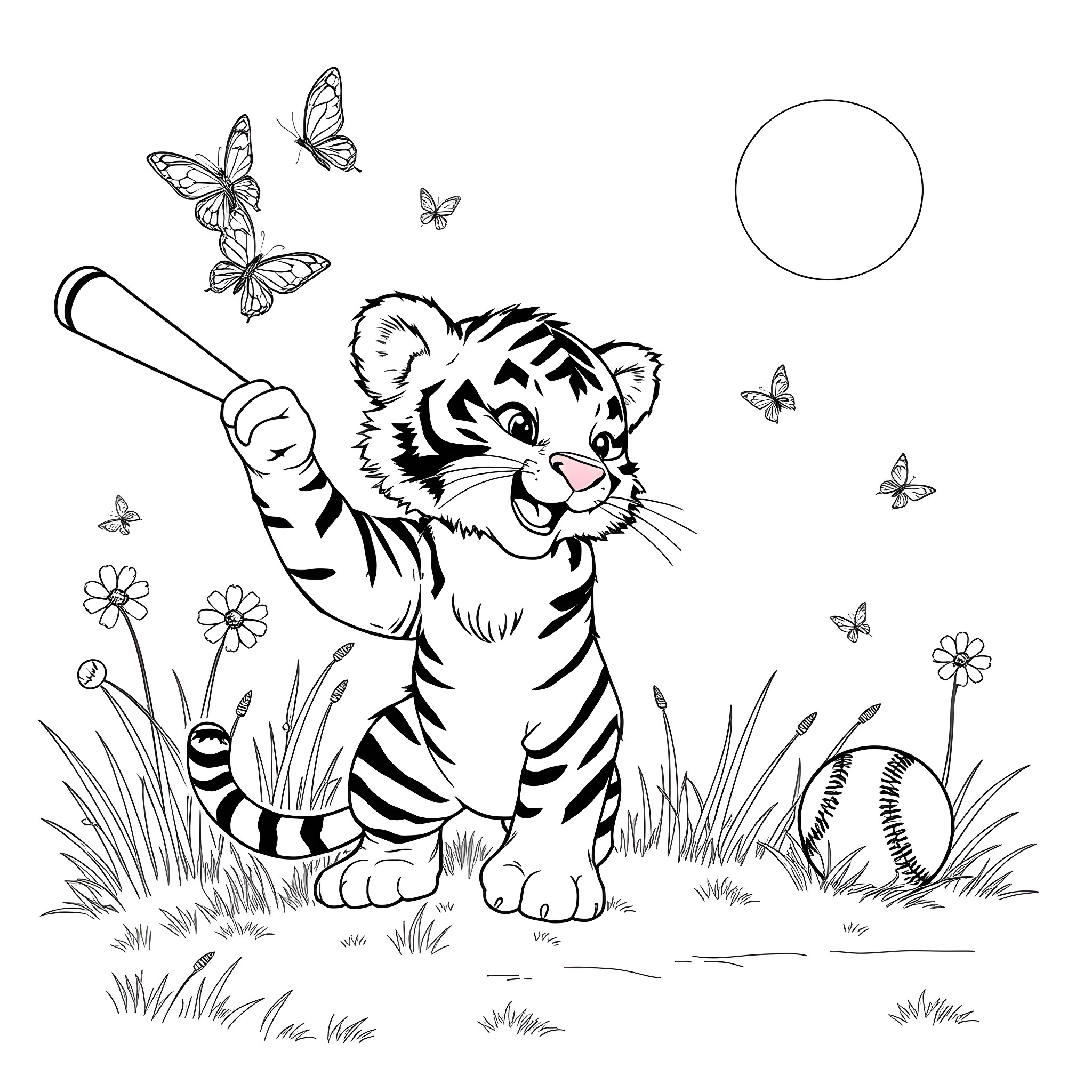 Tiger Cub Playing Joyfully with Butterflies in the Wild Coloring Page (free black-and-white line drawing printable PDF for all, from beginners to advanced learners, including children, teens, adults, and seniors)