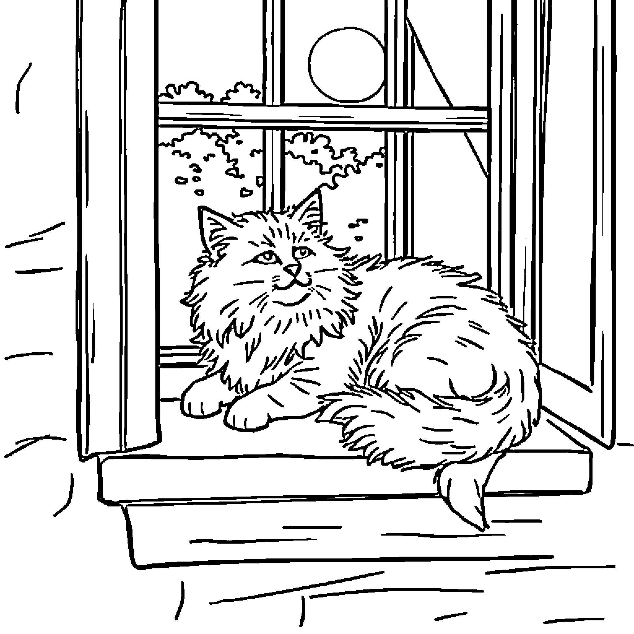 Cat watching through the window on a scenic day Coloring Page (free black-and-white line drawing printable PDF for all, from beginners to advanced learners, including children, teens, adults, and seniors)