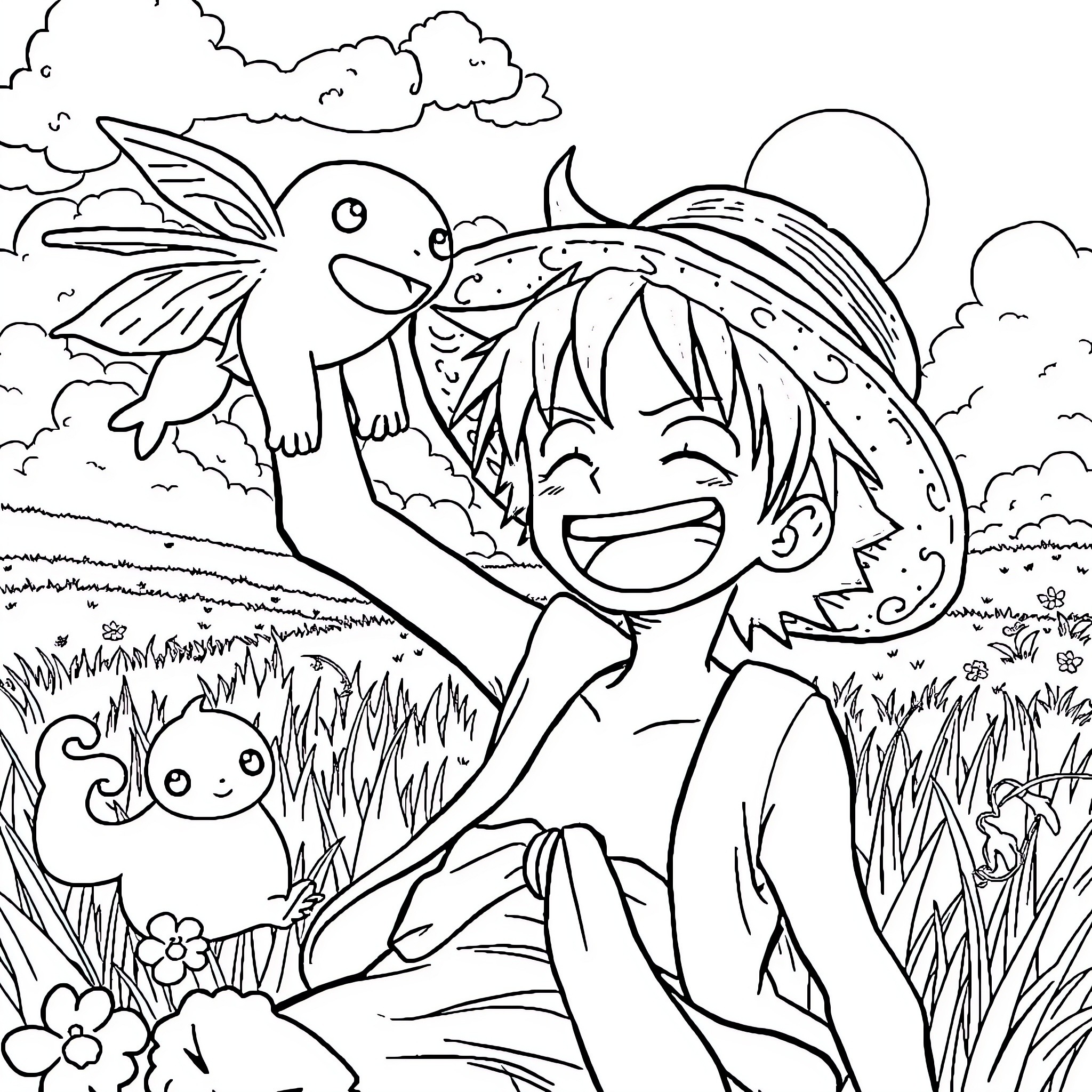 Luffy playing joyfully with friendly sea creatures Coloring Page (free black-and-white line drawing printable PDF for all, from beginners to advanced learners, including children, teens, adults, and seniors)