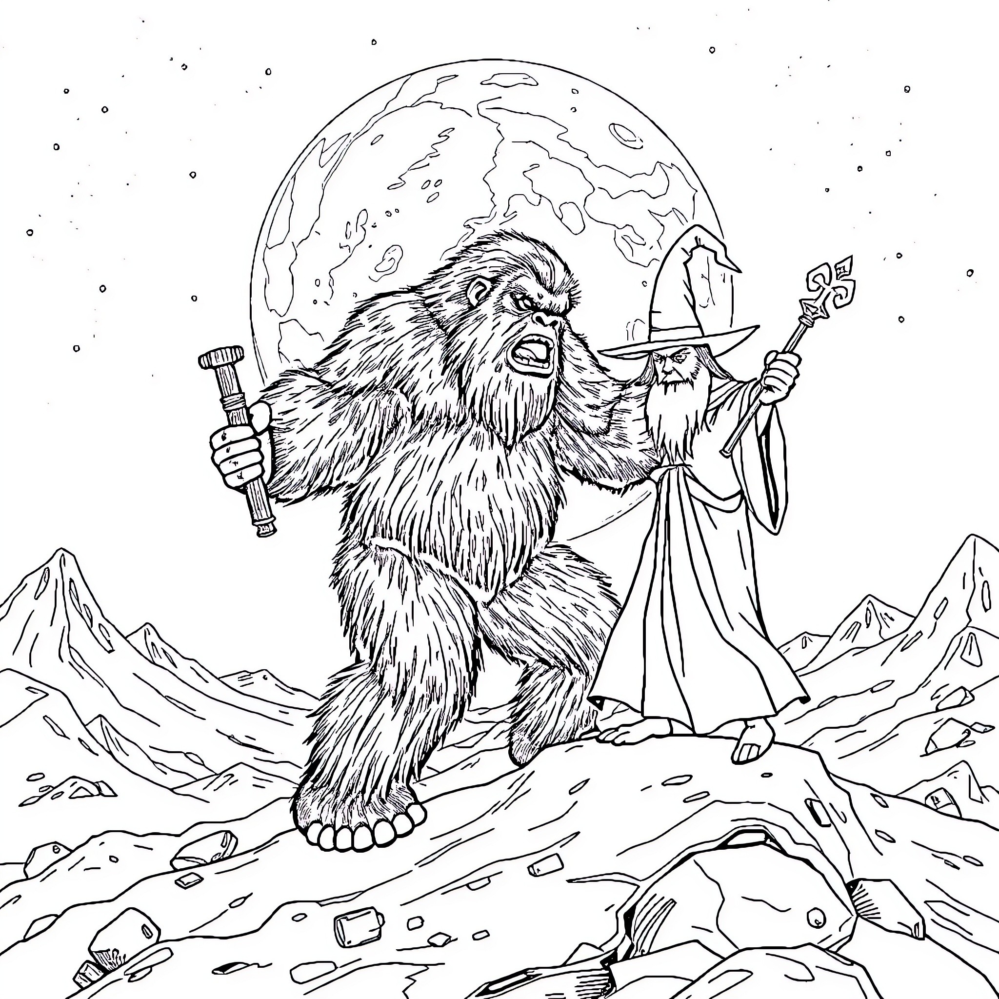 Bigfoot Summoning Magical Powers Under the Moon Coloring Page (free black-and-white line drawing printable PDF for all, from beginners to advanced learners, including children, teens, adults, and seniors)