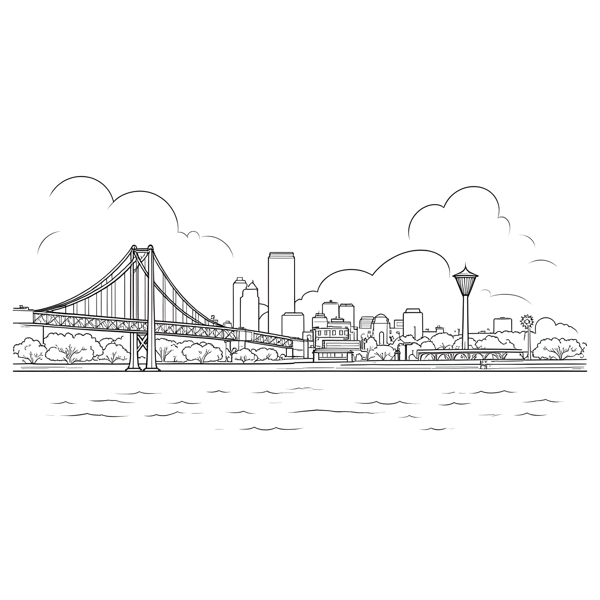 Sacramento city skyline with iconic bridge Coloring Page (free black-and-white line drawing printable PDF for all, from beginners to advanced learners, including children, teens, adults, and seniors)