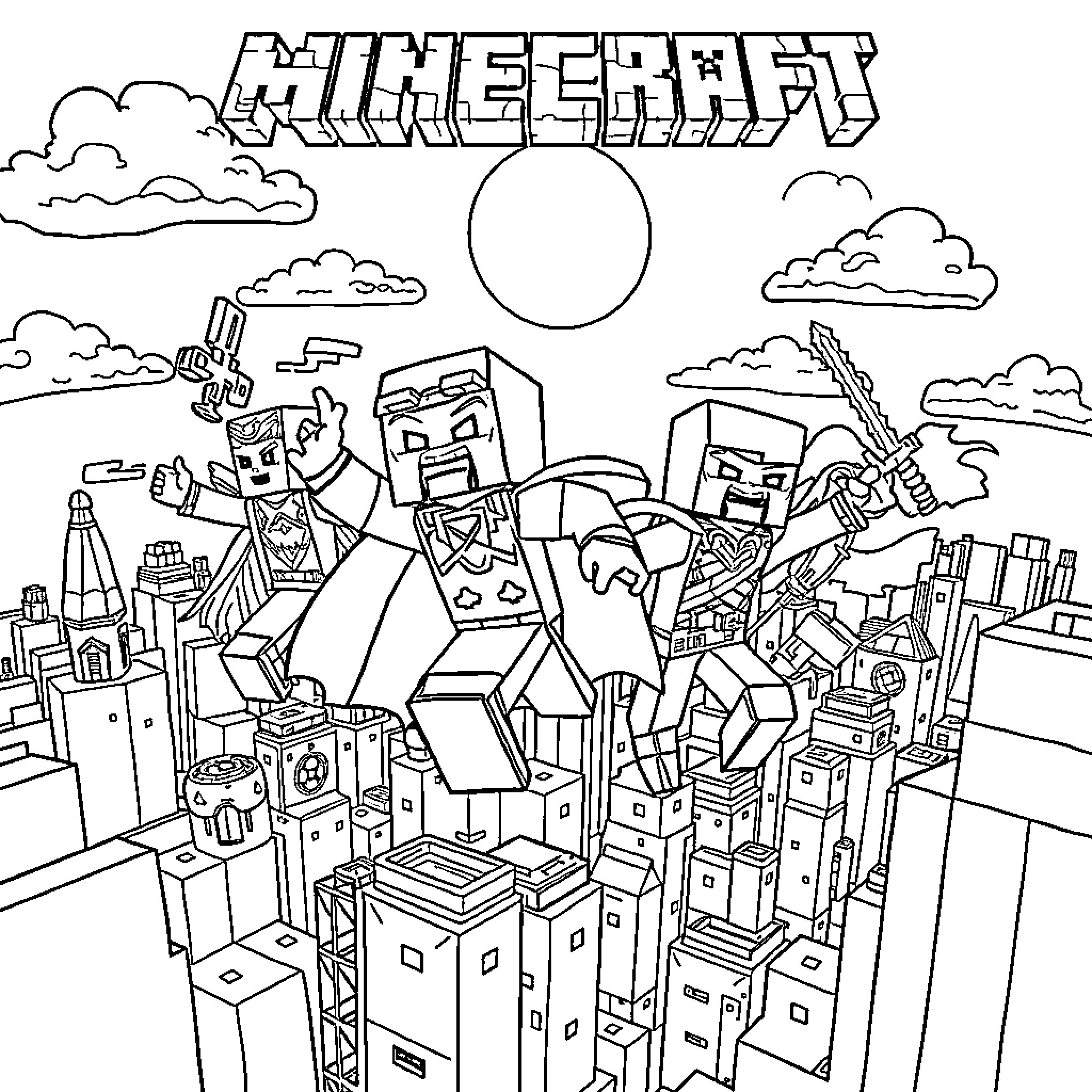 Minecraft Superhero Figures Battling in the City Coloring Page (free black-and-white line drawing printable PDF for all, from beginners to advanced learners, including children, teens, adults, and seniors)