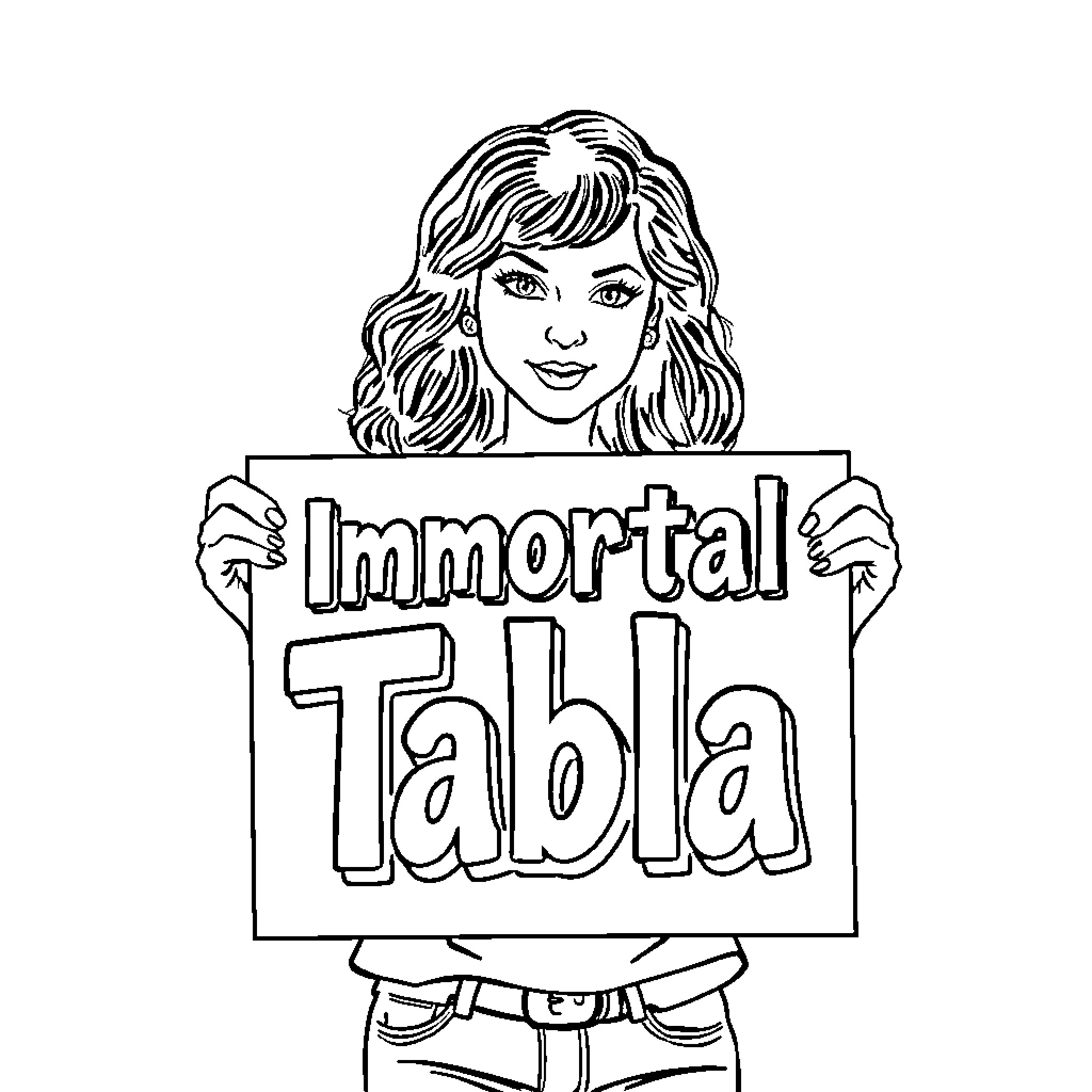Woman holding 'Immortal Tabla' sign with confident expression Coloring Page (free black-and-white line drawing printable PDF for all, from beginners to advanced learners, including children, teens, adults, and seniors)