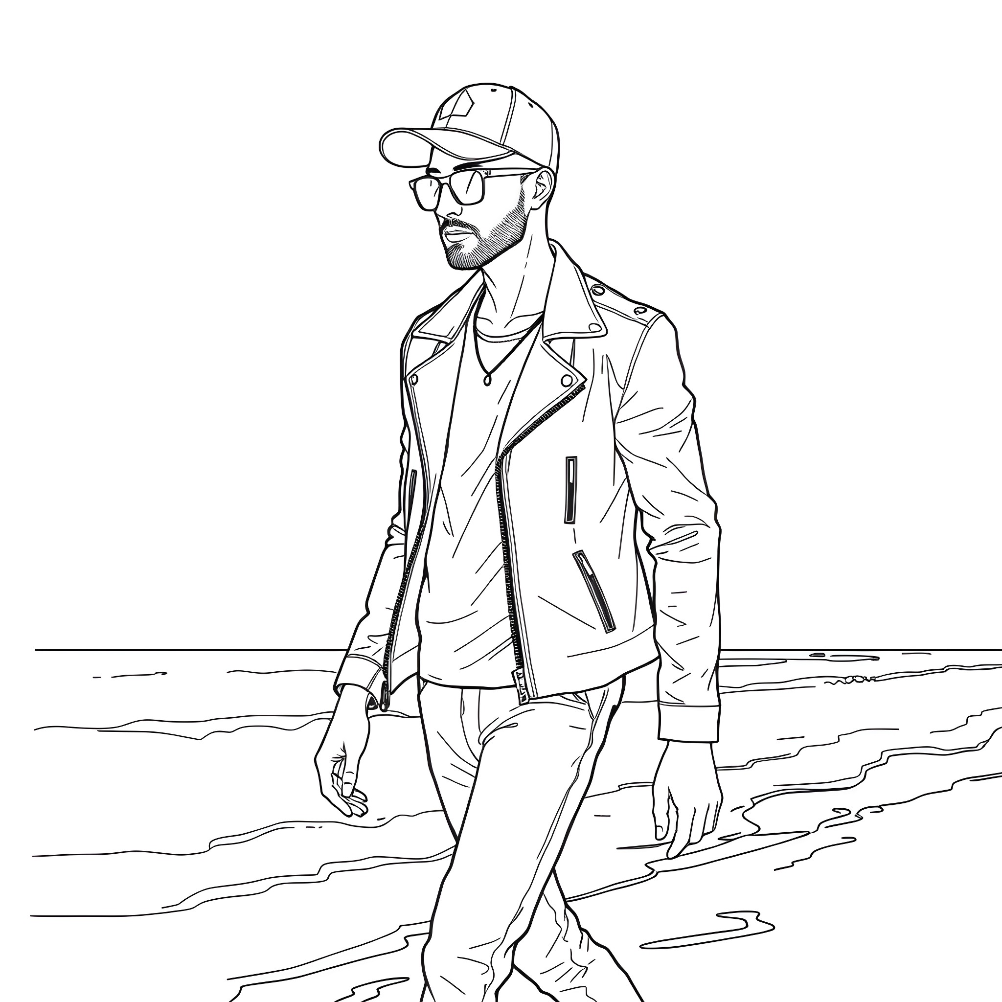 Man in casual outfit walking on the beach Coloring Page (free black-and-white line drawing printable PDF for all, from beginners to advanced learners, including children, teens, adults, and seniors)