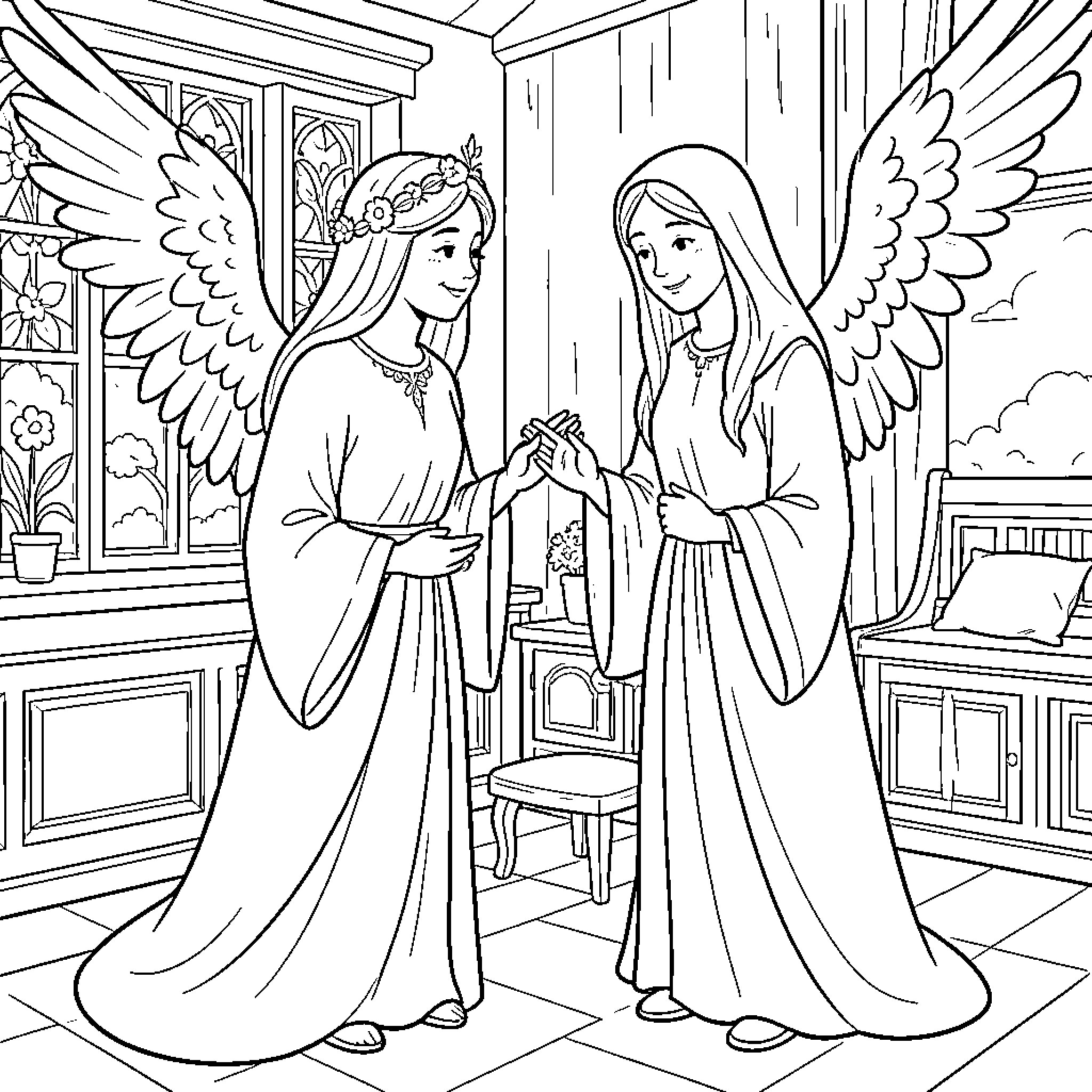 Angel figures interacting warmly in a peaceful room Coloring Page (free black-and-white line drawing printable PDF for all, from beginners to advanced learners, including children, teens, adults, and seniors)