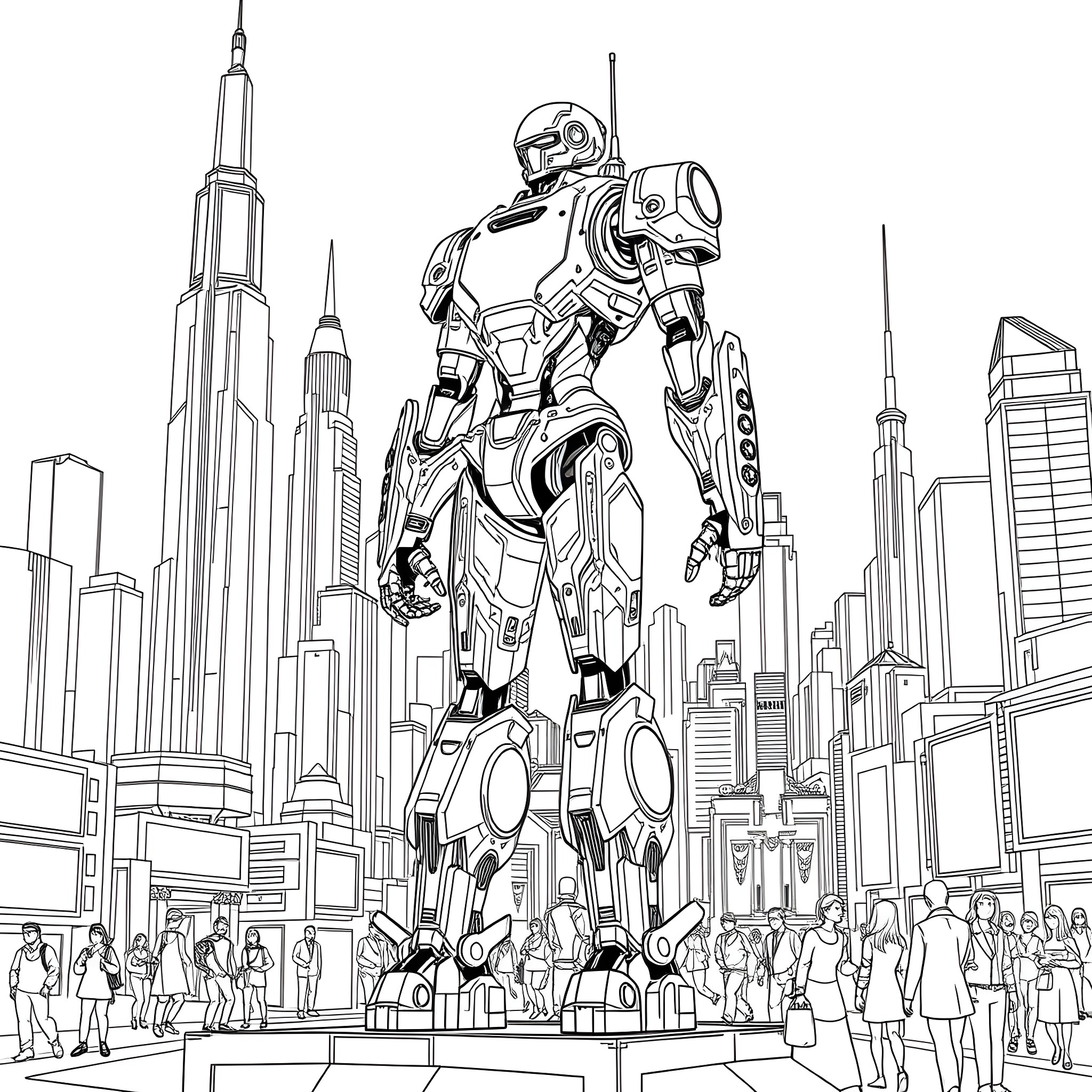 MR Robot Warrior Standing Tall in the City Coloring Page (free black-and-white line drawing printable PDF for all, from beginners to advanced learners, including children, teens, adults, and seniors)