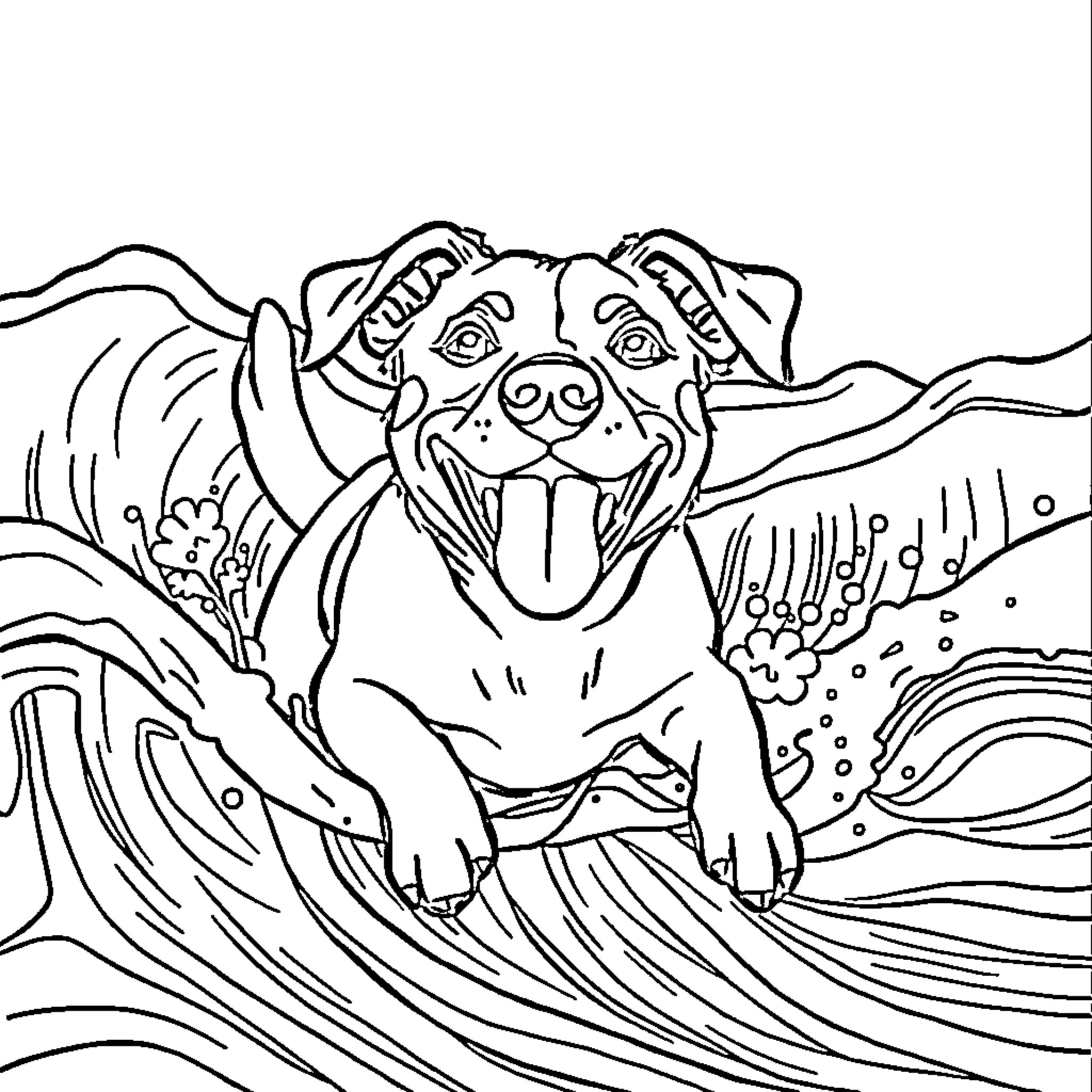 Dog surfing on the waves Coloring Page (free black-and-white line drawing printable PDF for all, from beginners to advanced learners, including children, teens, adults, and seniors)