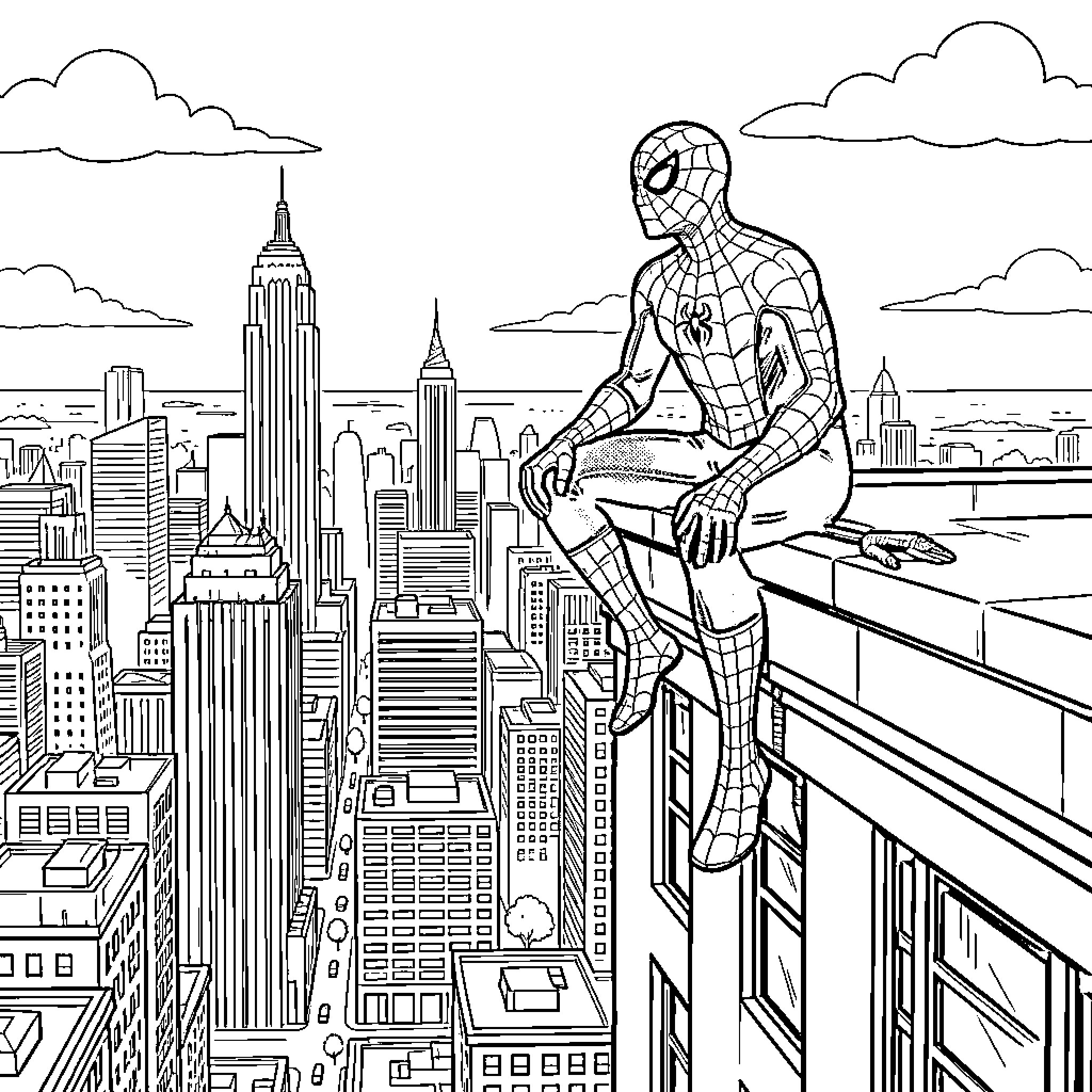 Spiderman sitting pensively on a skyscraper ledge Coloring Page (free black-and-white line drawing printable PDF for all, from beginners to advanced learners, including children, teens, adults, and seniors)