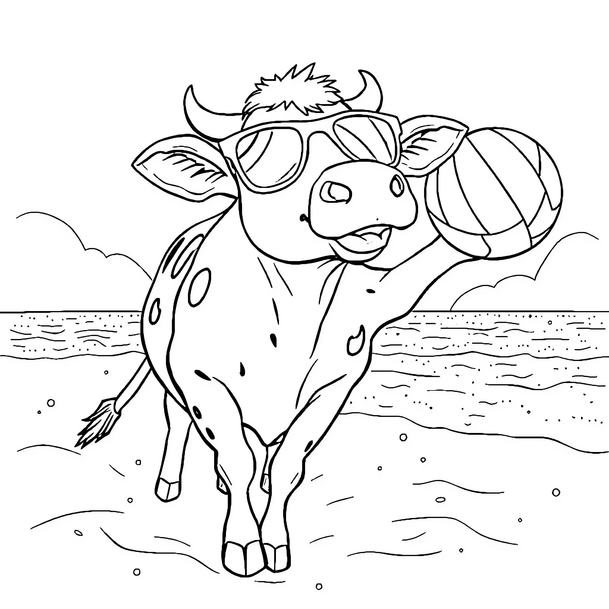 Cow playing with volleyball on the beach Coloring Page (free black-and-white line drawing printable PDF for all, from beginners to advanced learners, including children, teens, adults, and seniors)