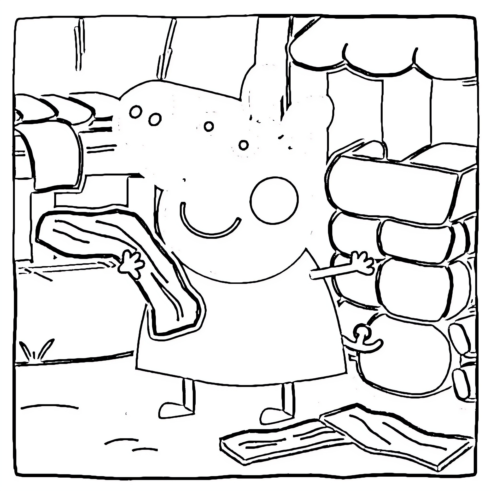 Peppa Pig playing in the mud with friends Coloring Page (free black-and-white line drawing printable PDF for all, from beginners to advanced learners, including children, teens, adults, and seniors)