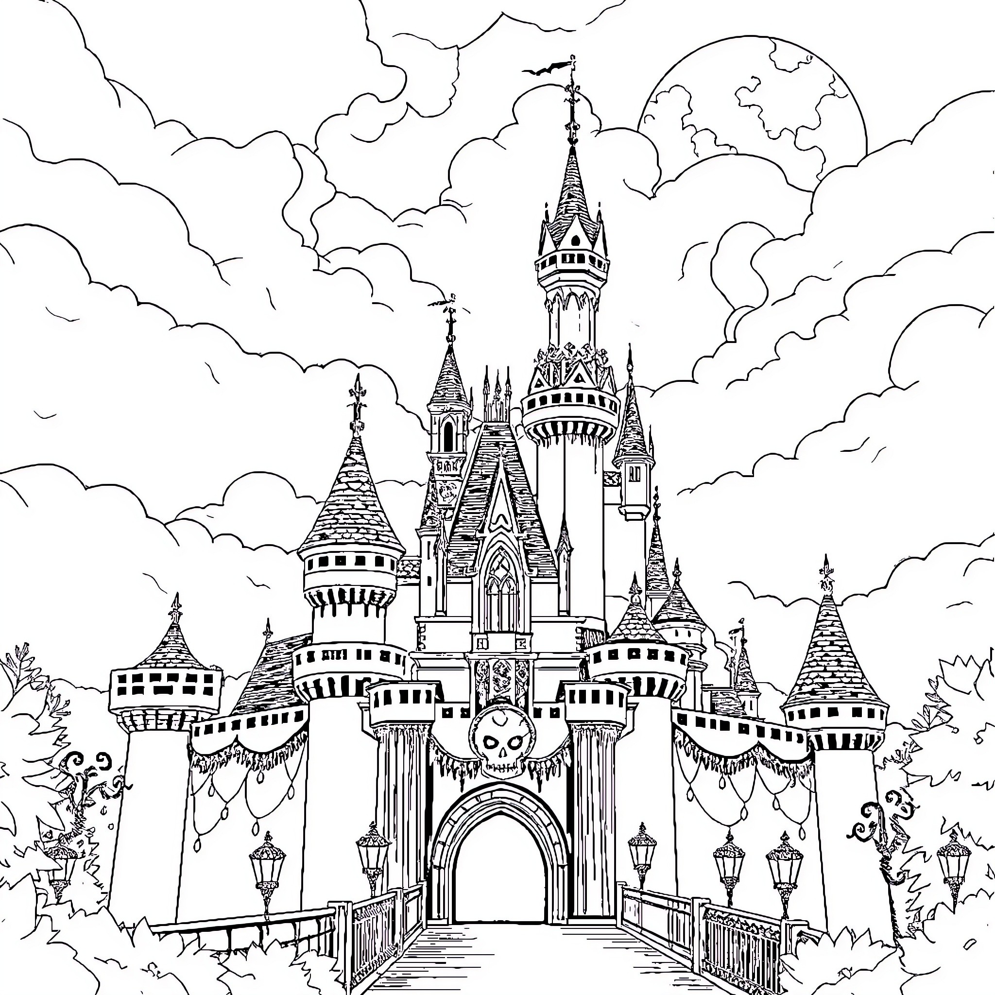 Castle with Towering Spires and Intricate Details Coloring Page (free black-and-white line drawing printable PDF for all, from beginners to advanced learners, including children, teens, adults, and seniors)