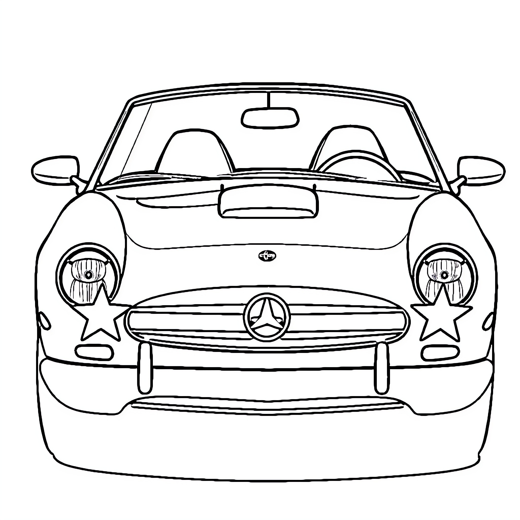 Convertible Car with Star Decorations Coloring Page (free black-and-white line drawing printable PDF for all, from beginners to advanced learners, including children, teens, adults, and seniors)