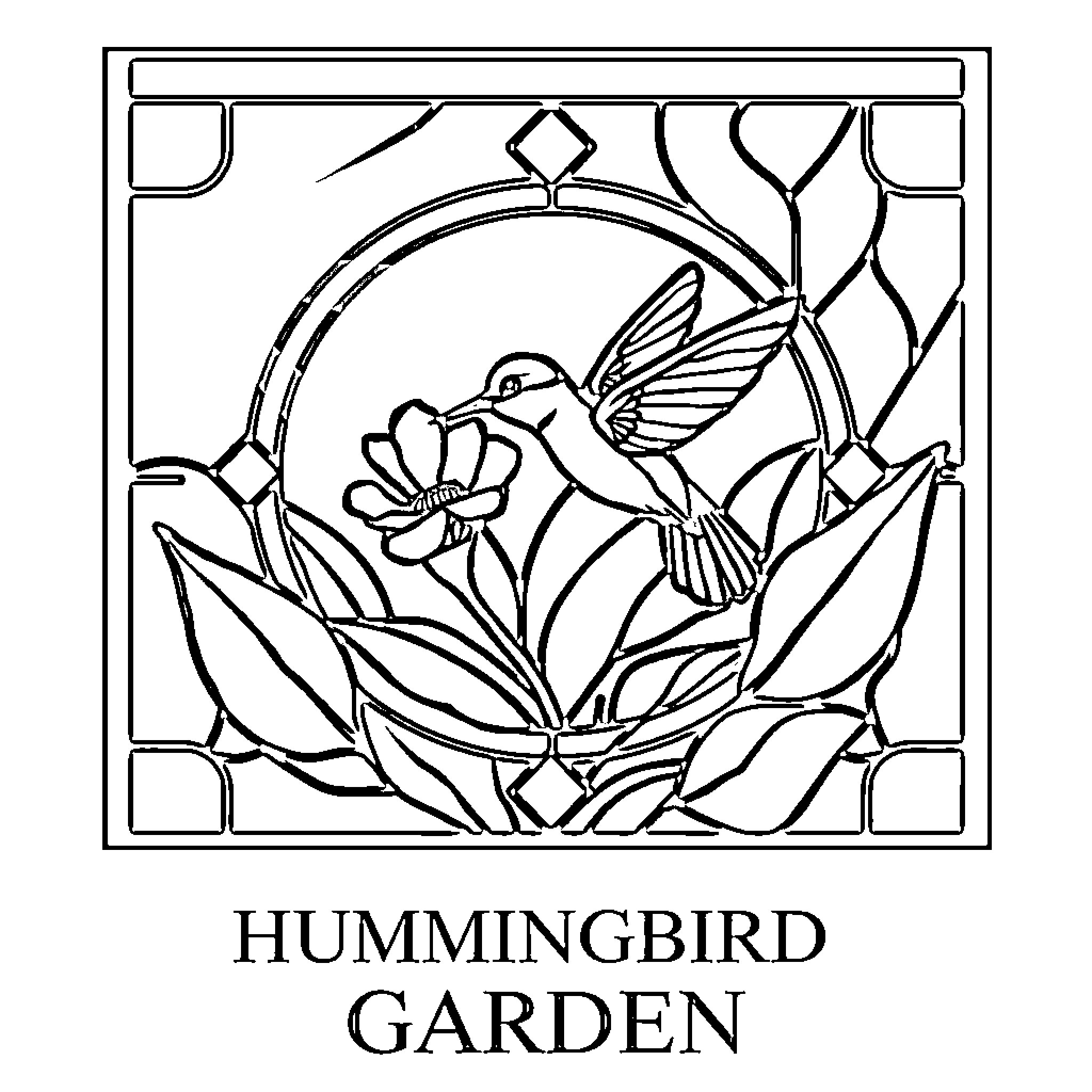 Hummingbird in Stained Glass Garden Coloring Page (free black-and-white line drawing printable PDF for all, from beginners to advanced learners, including children, teens, adults, and seniors)