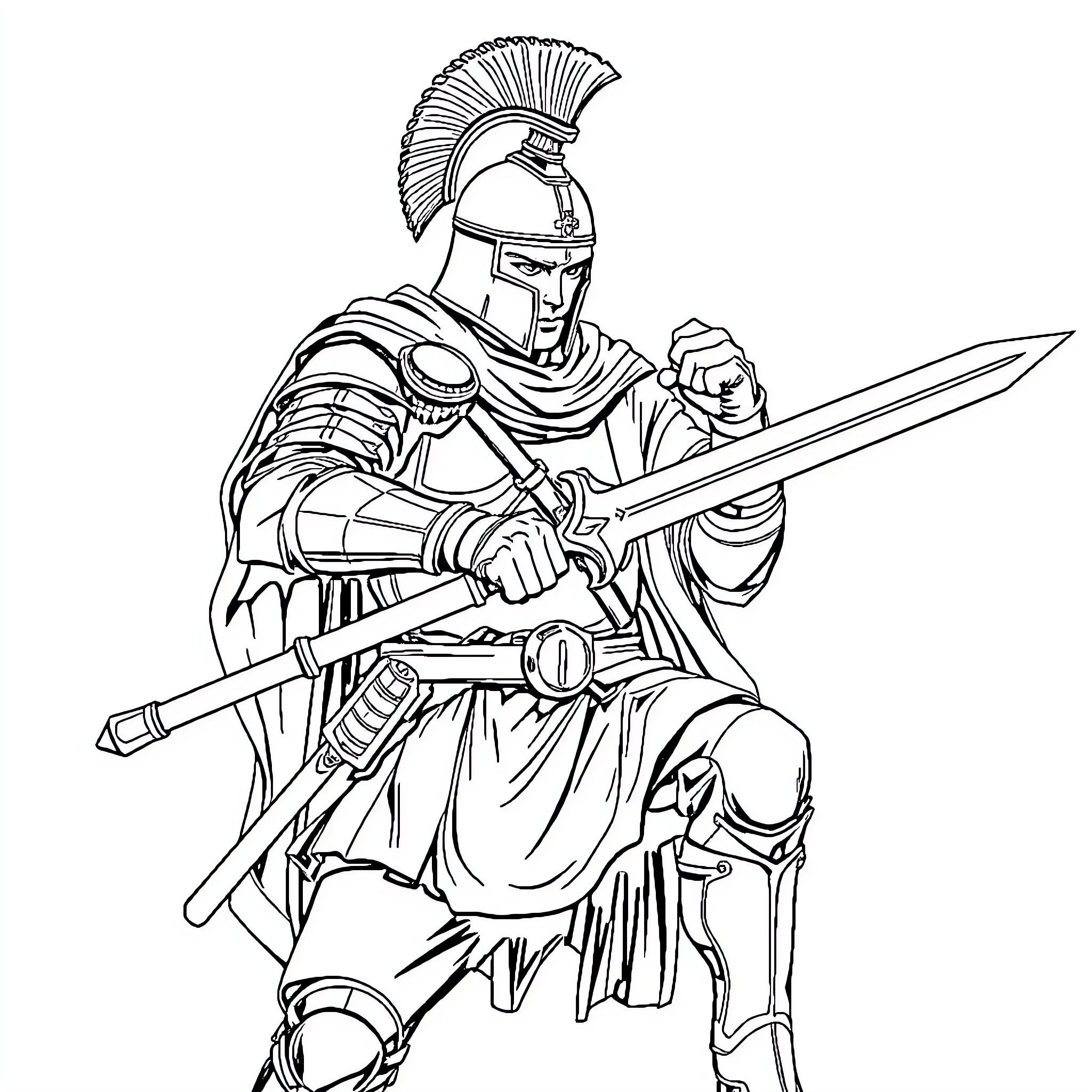 Soldier in combat stance with sword and shield Coloring Page (free black-and-white line drawing printable PDF for all, from beginners to advanced learners, including children, teens, adults, and seniors)