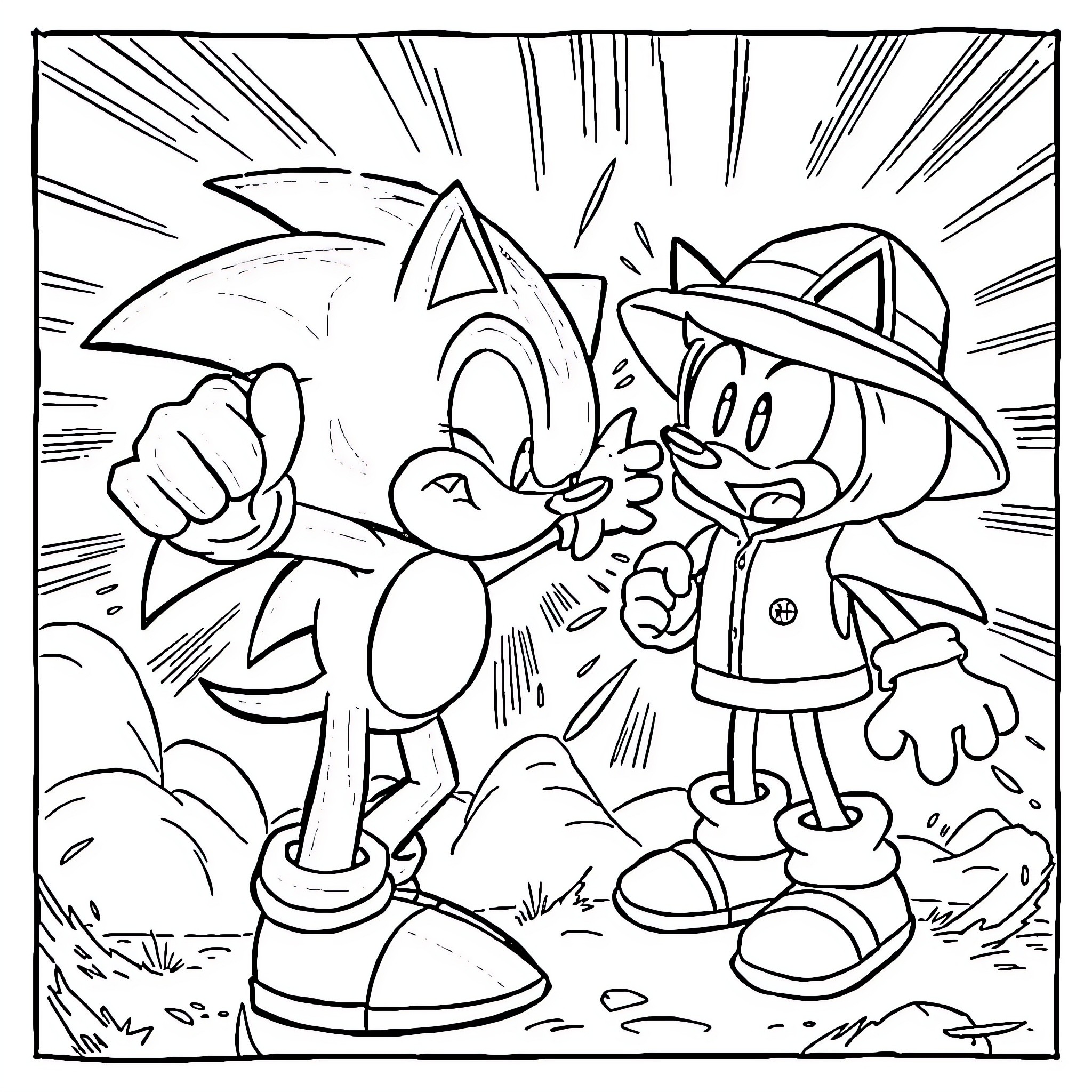 Metal Sonic and Tails fighting in the wild Coloring Page (free black-and-white line drawing printable PDF for all, from beginners to advanced learners, including children, teens, adults, and seniors)