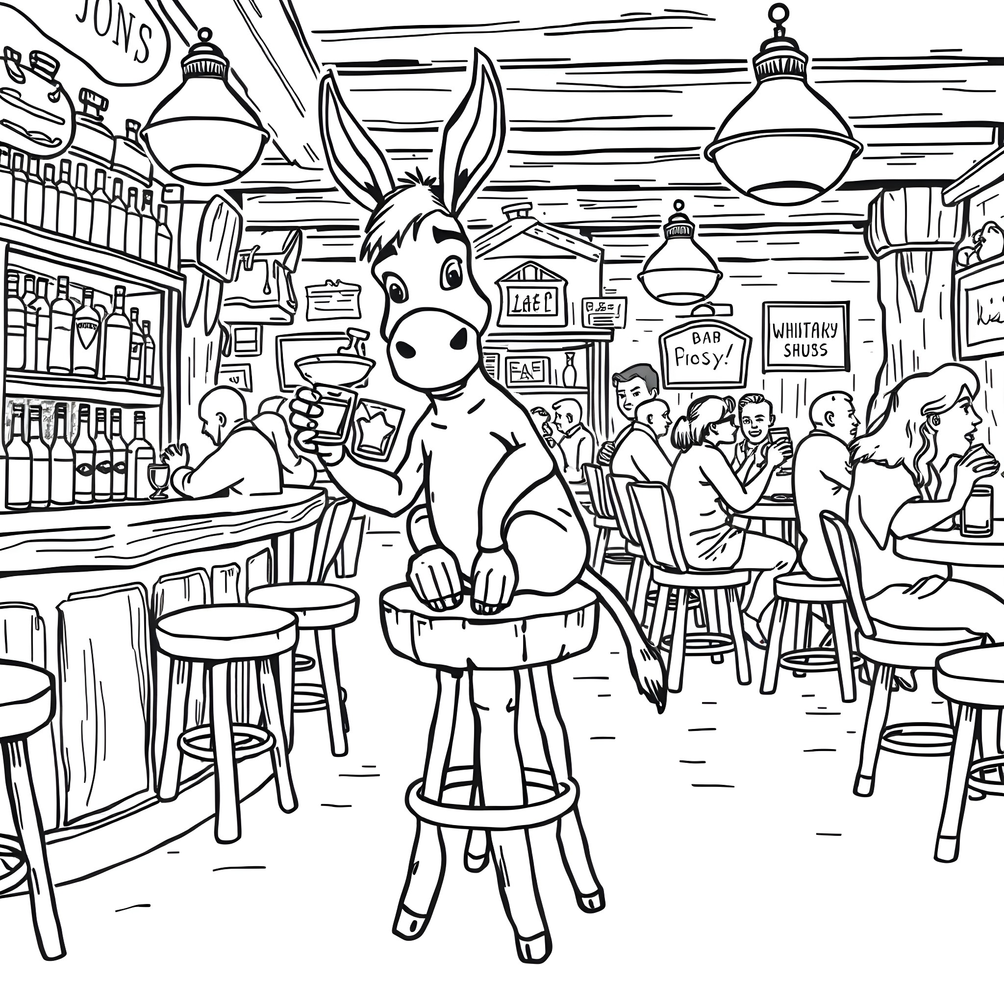 Donkey enjoying drinks with friends at the local bar Coloring Page (free black-and-white line drawing printable PDF for all, from beginners to advanced learners, including children, teens, adults, and seniors)