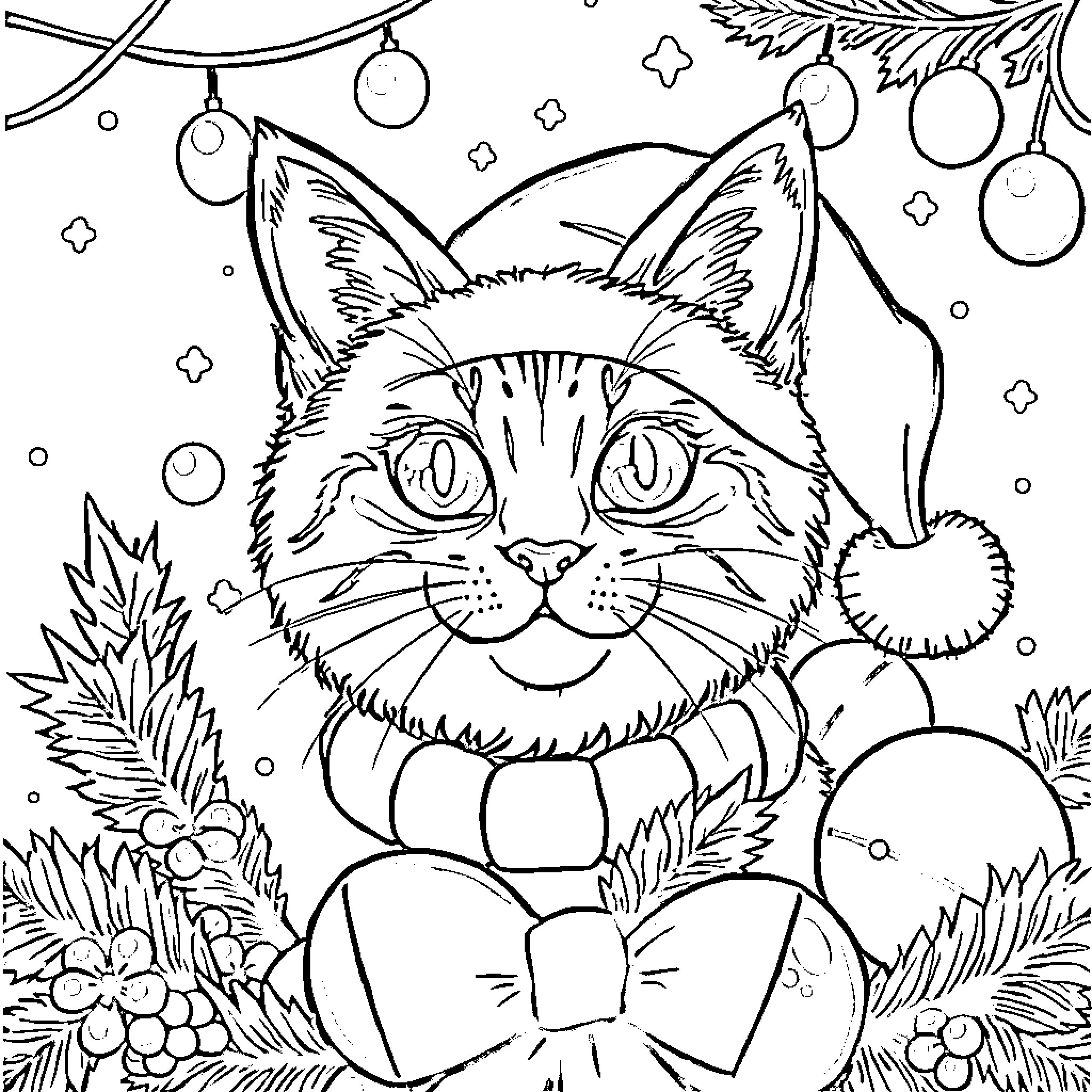 Gabby Cat enjoying a festive holiday scene Coloring Page (free black-and-white line drawing printable PDF for all, from beginners to advanced learners, including children, teens, adults, and seniors)