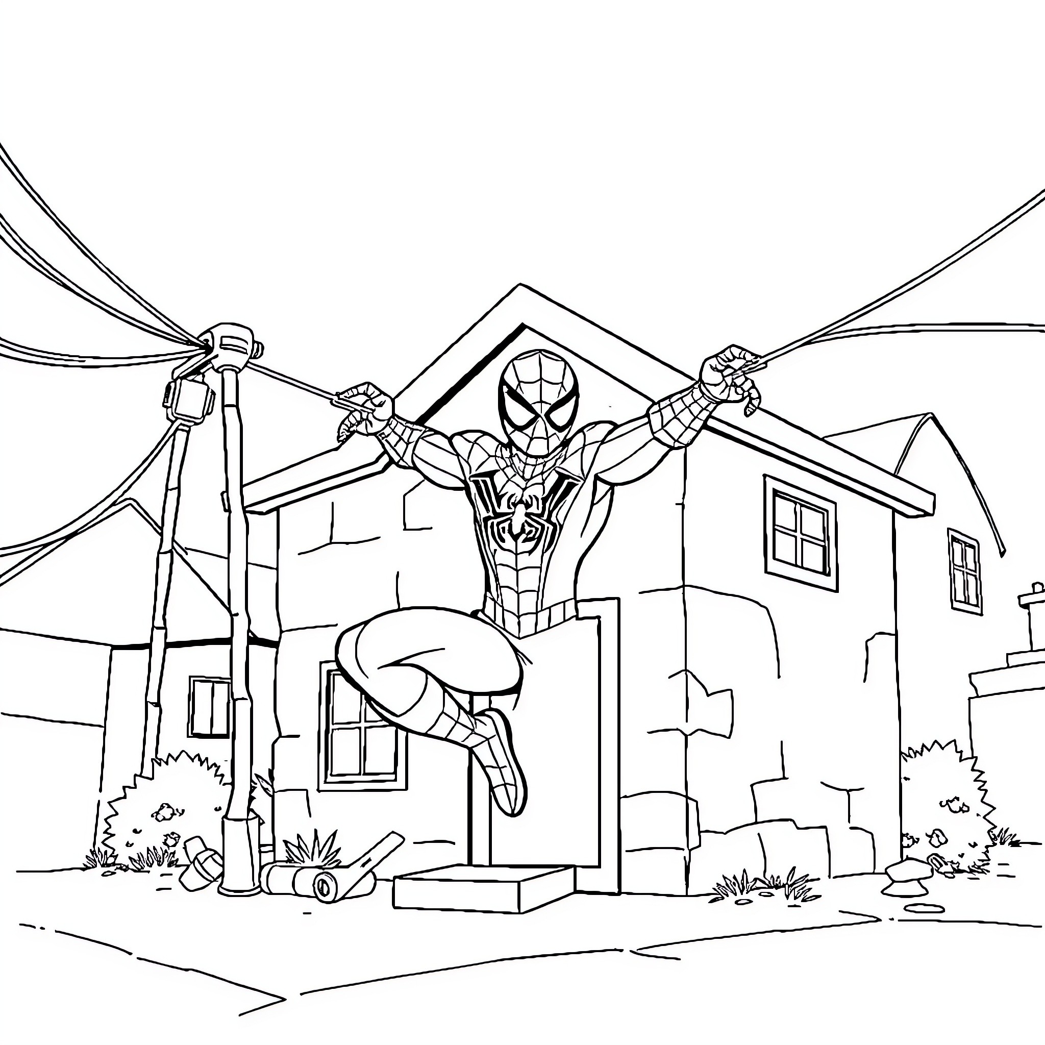 Spiderman swinging above the city street Coloring Page (free black-and-white line drawing printable PDF for all, from beginners to advanced learners, including children, teens, adults, and seniors)