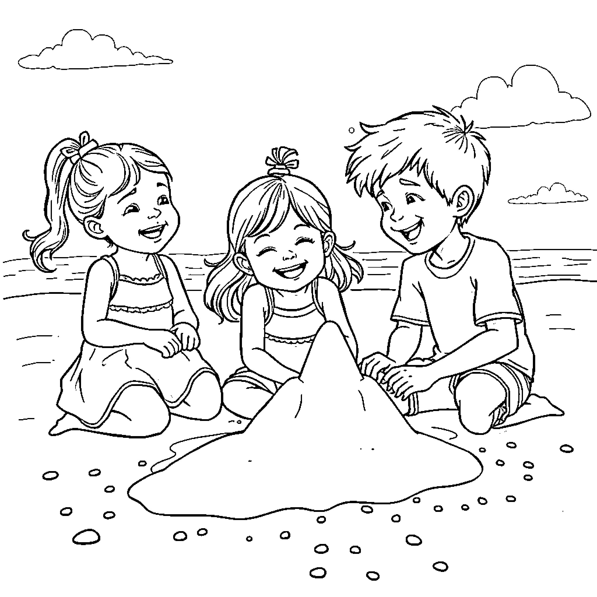 Child friends playing together on the beach Coloring Page (free black-and-white line drawing printable PDF for all, from beginners to advanced learners, including children, teens, adults, and seniors)