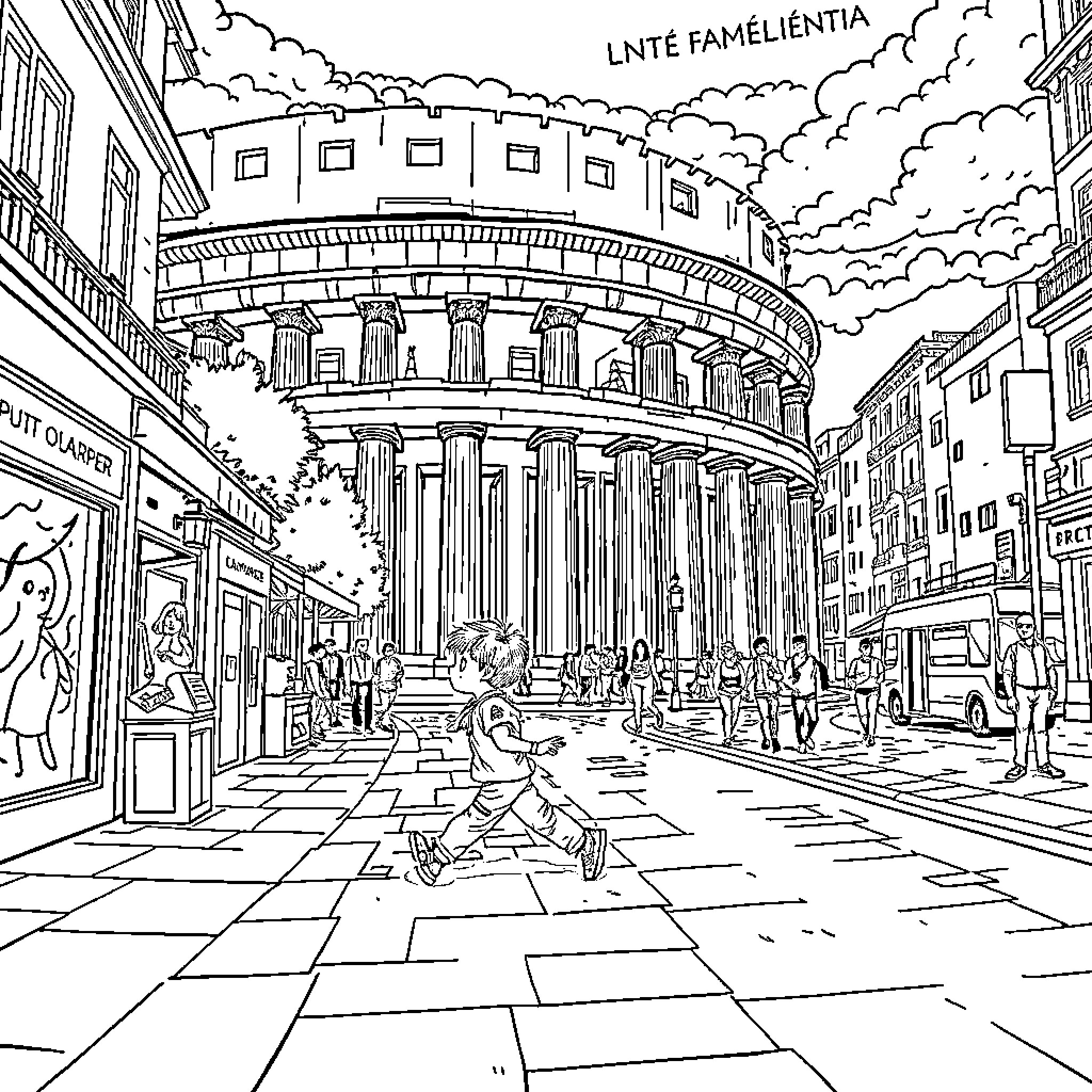 Boy exploring the grand architecture of a historic city Coloring Page (free black-and-white line drawing printable PDF for all, from beginners to advanced learners, including children, teens, adults, and seniors)