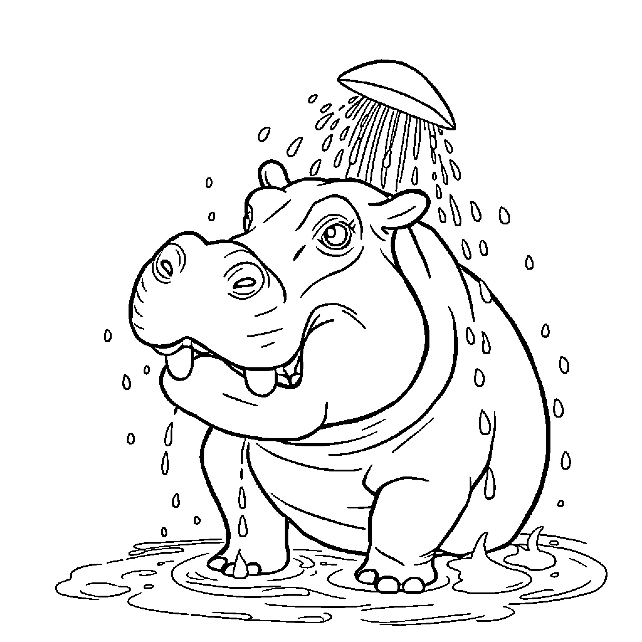 Hippopotamus enjoying a refreshing shower Coloring Page (free black-and-white line drawing printable PDF for all, from beginners to advanced learners, including children, teens, adults, and seniors)
