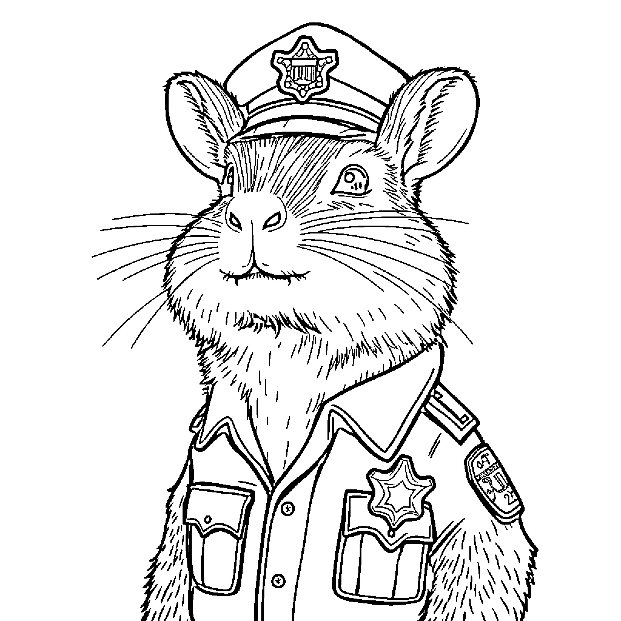 Capybara dressed as a police officer Coloring Page (free black-and-white line drawing printable PDF for all, from beginners to advanced learners, including children, teens, adults, and seniors)