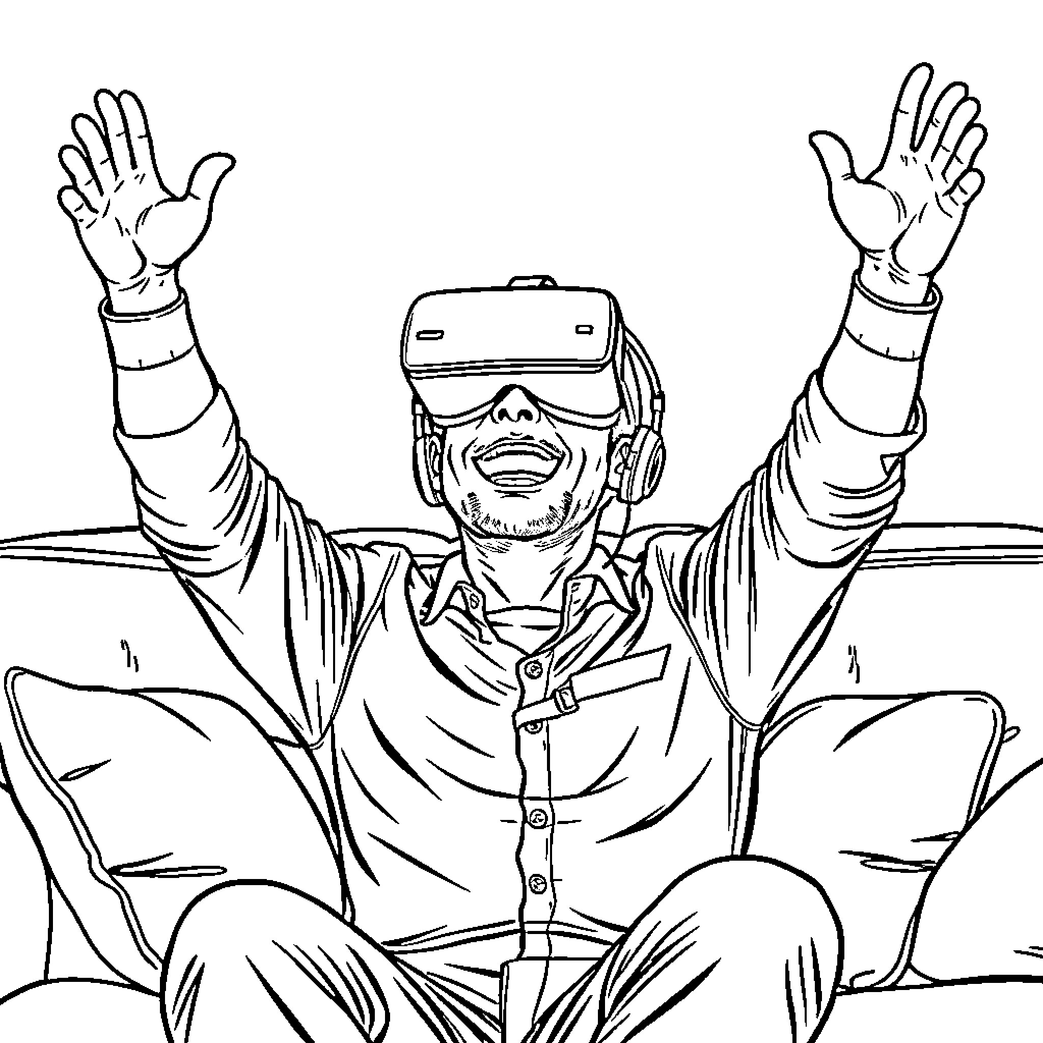 Man experiencing virtual reality with raised arms Coloring Page (free black-and-white line drawing printable PDF for all, from beginners to advanced learners, including children, teens, adults, and seniors)