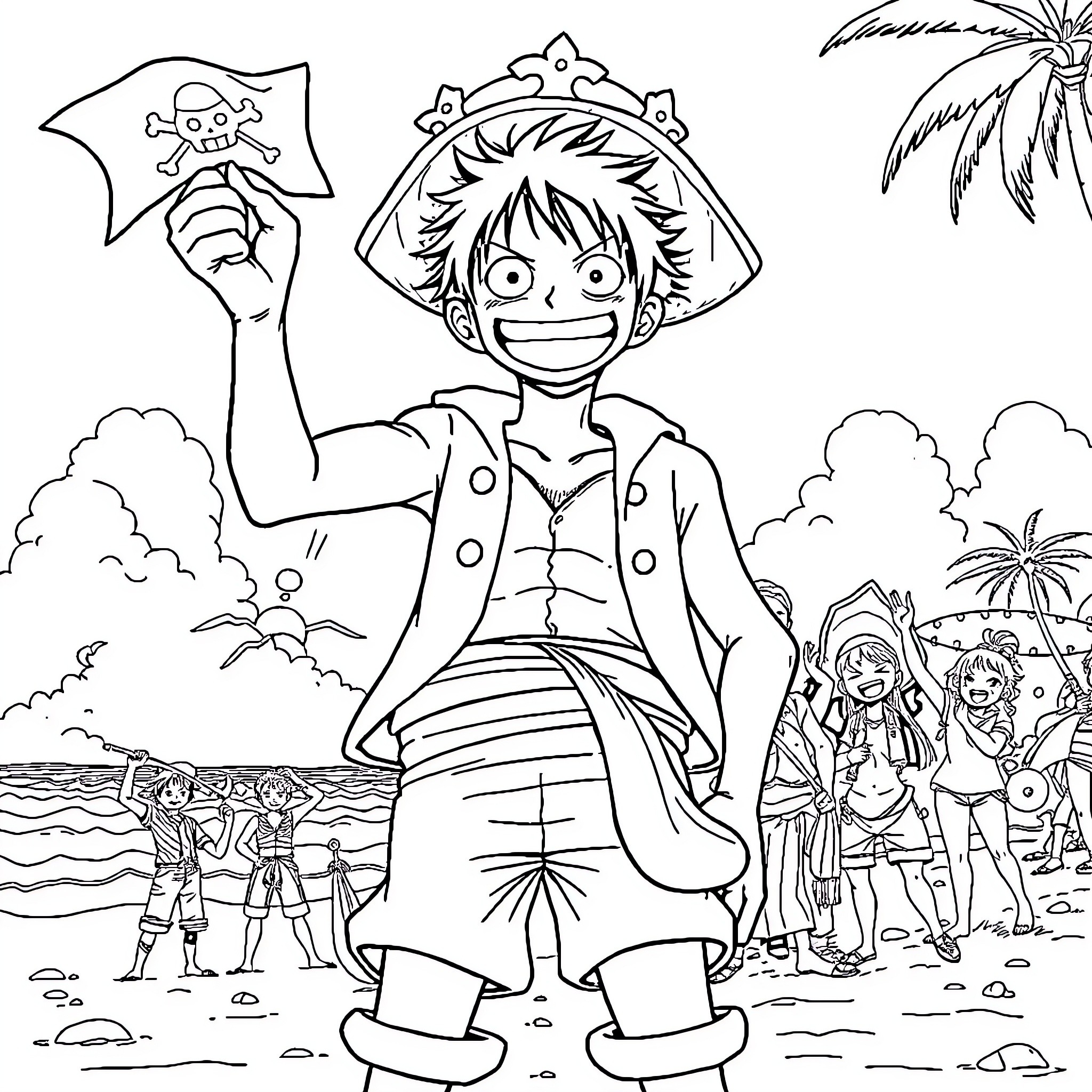 Luffy's Pirate Adventure on the Beach Coloring Page (free black-and-white line drawing printable PDF for all, from beginners to advanced learners, including children, teens, adults, and seniors)