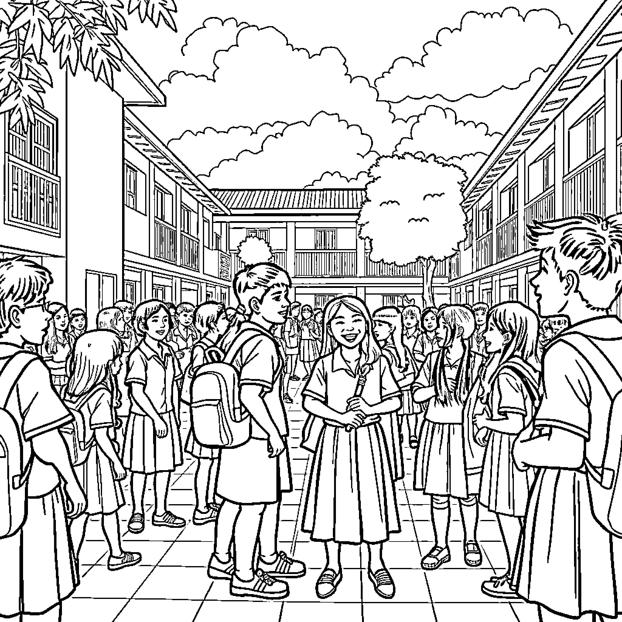 Student crowd gathering in front of school building Coloring Page (free black-and-white line drawing printable PDF for all, from beginners to advanced learners, including children, teens, adults, and seniors)