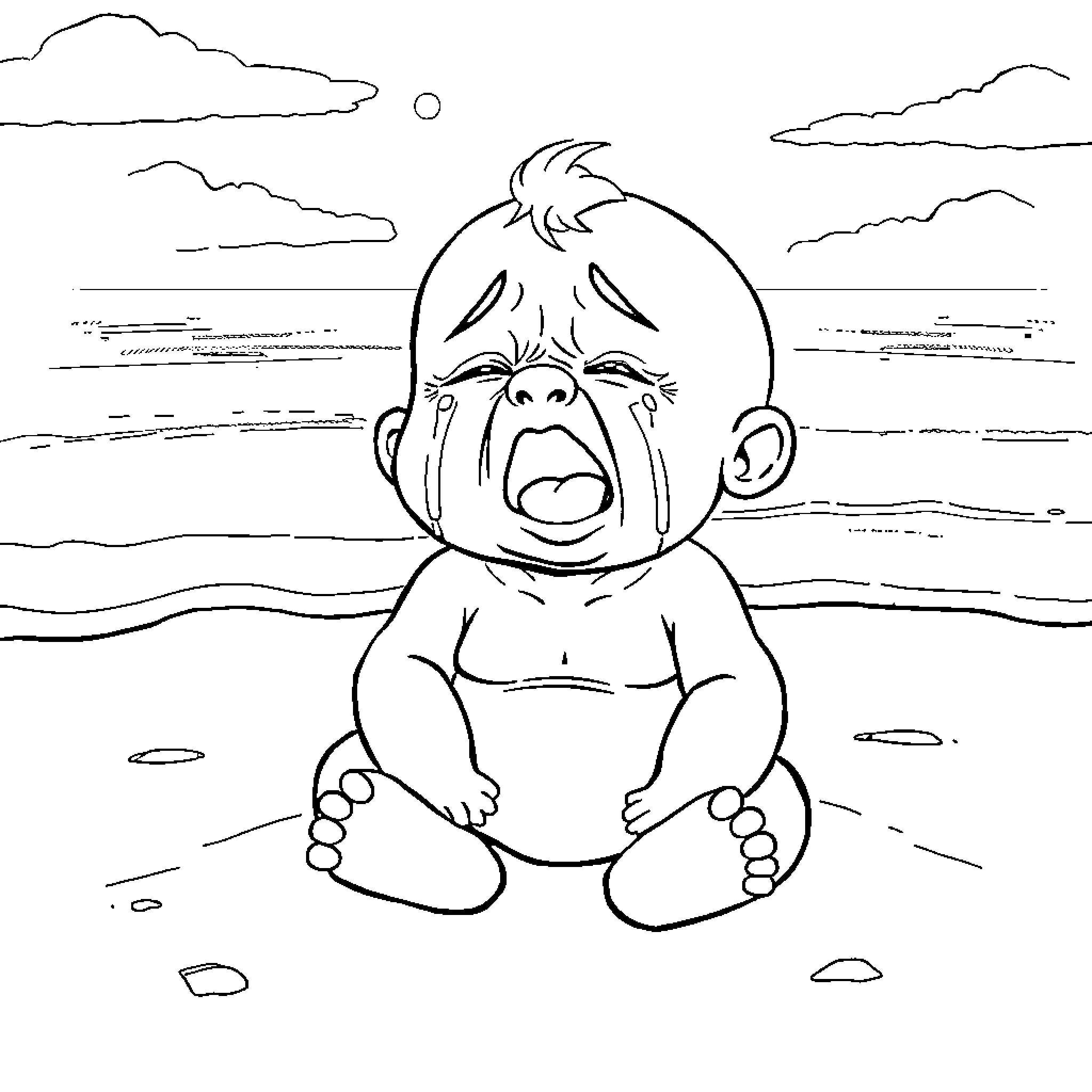 Baby crying on the beach Coloring Page (free black-and-white line drawing printable PDF for all, from beginners to advanced learners, including children, teens, adults, and seniors)