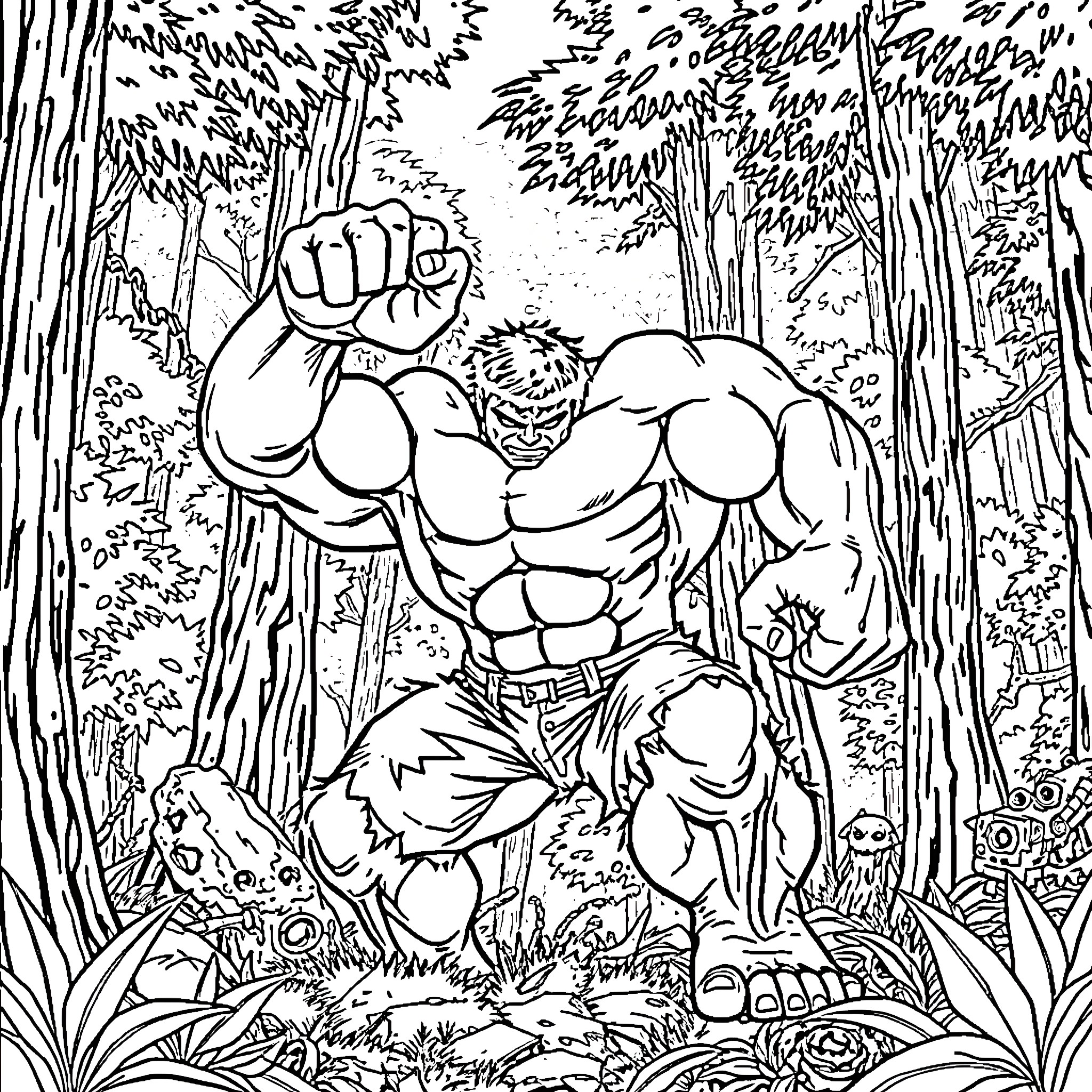 Hulk Unleashes Mighty Fist in Forested Battleground Coloring Page (free black-and-white line drawing printable PDF for all, from beginners to advanced learners, including children, teens, adults, and seniors)