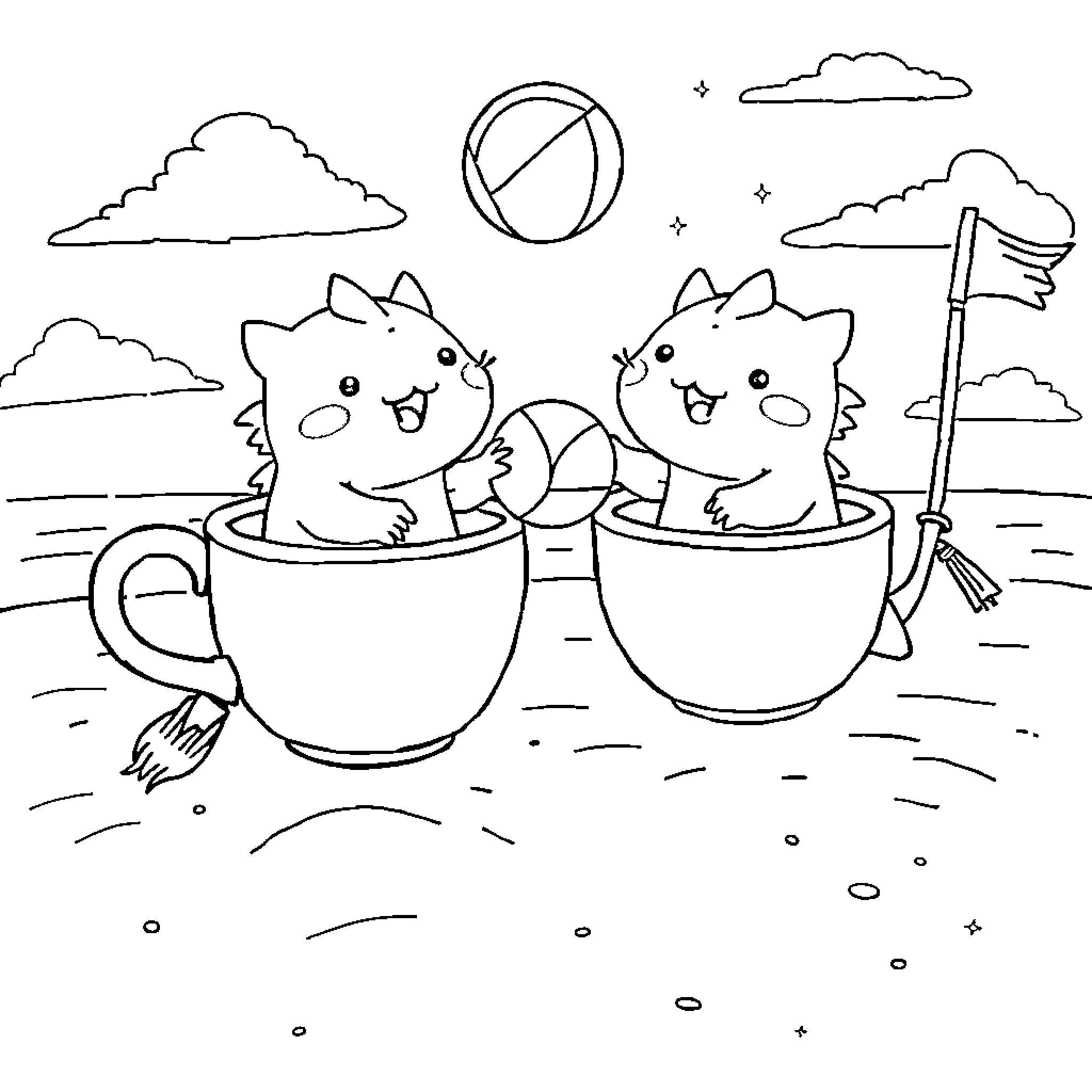 Axolotl friends exploring the outdoors in cups Coloring Page (free black-and-white line drawing printable PDF for all, from beginners to advanced learners, including children, teens, adults, and seniors)