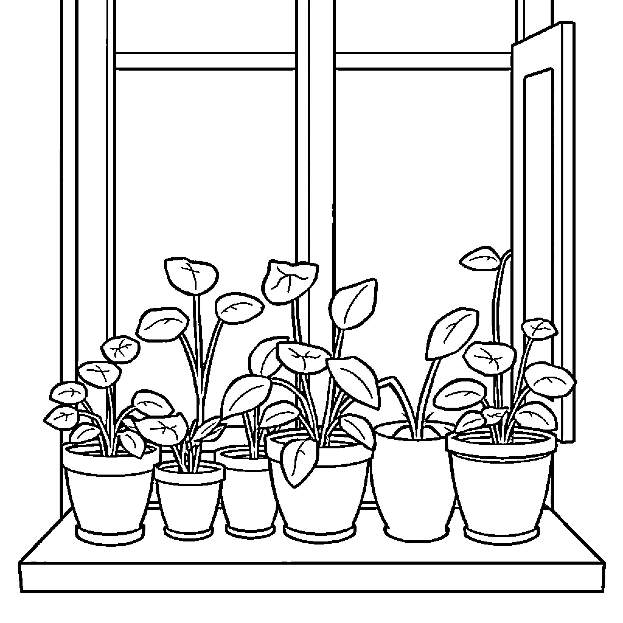 Plant pots with various potted plants on a shelf Coloring Page (free black-and-white line drawing printable PDF for all, from beginners to advanced learners, including children, teens, adults, and seniors)