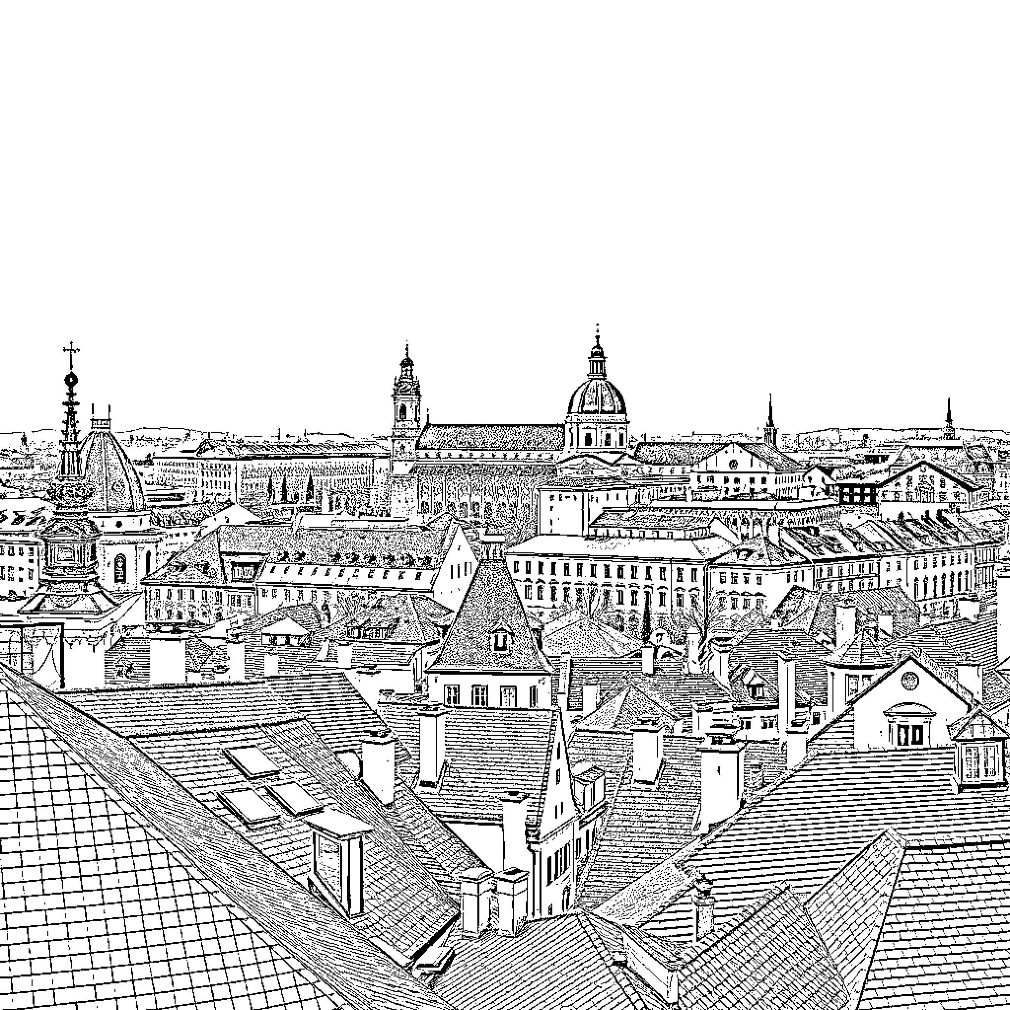 Prague's historic skyline with iconic landmarks Coloring Page (free black-and-white line drawing printable PDF for all, from beginners to advanced learners, including children, teens, adults, and seniors)