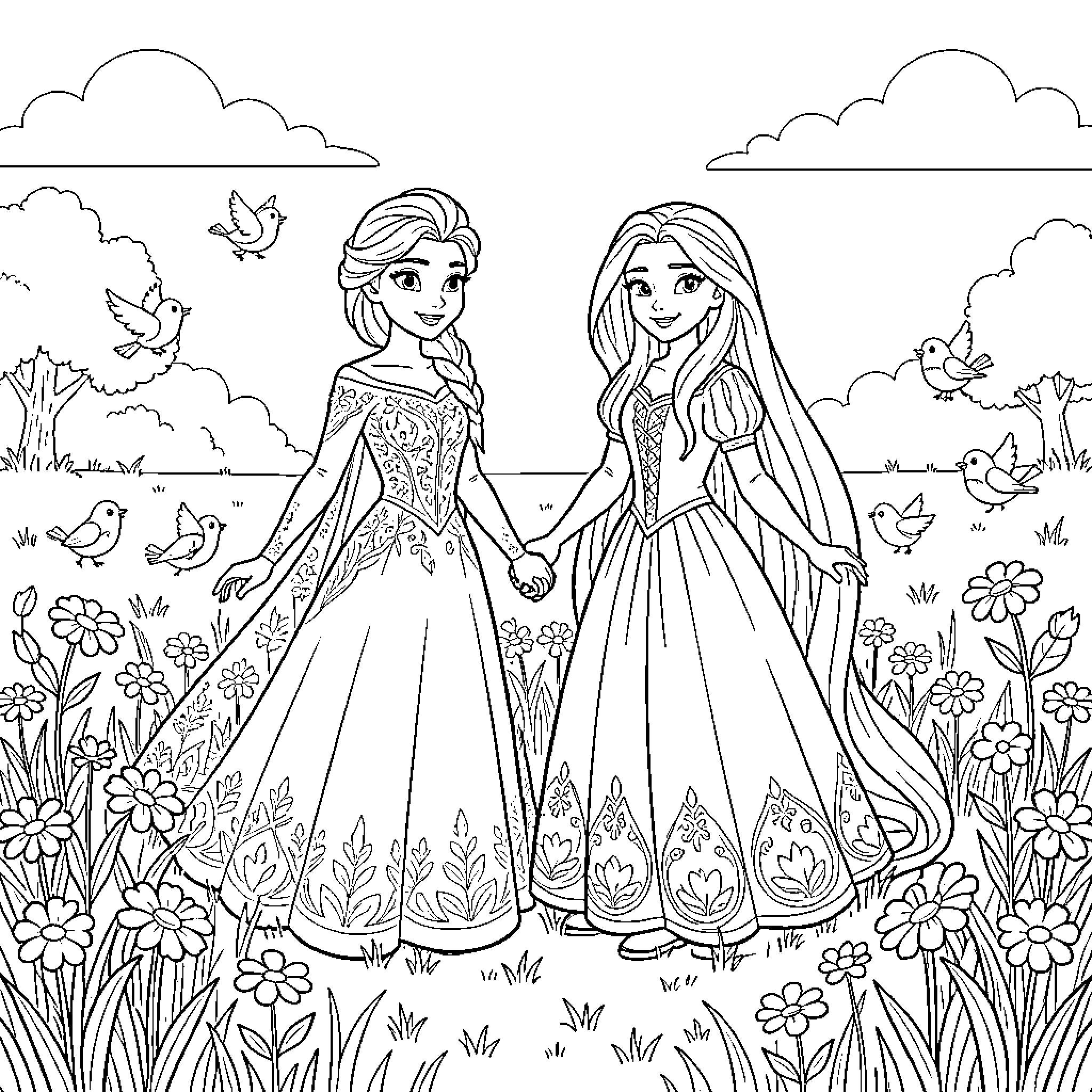 Elsa holding hands with a friend in a meadow Coloring Page (free black-and-white line drawing printable PDF for all, from beginners to advanced learners, including children, teens, adults, and seniors)