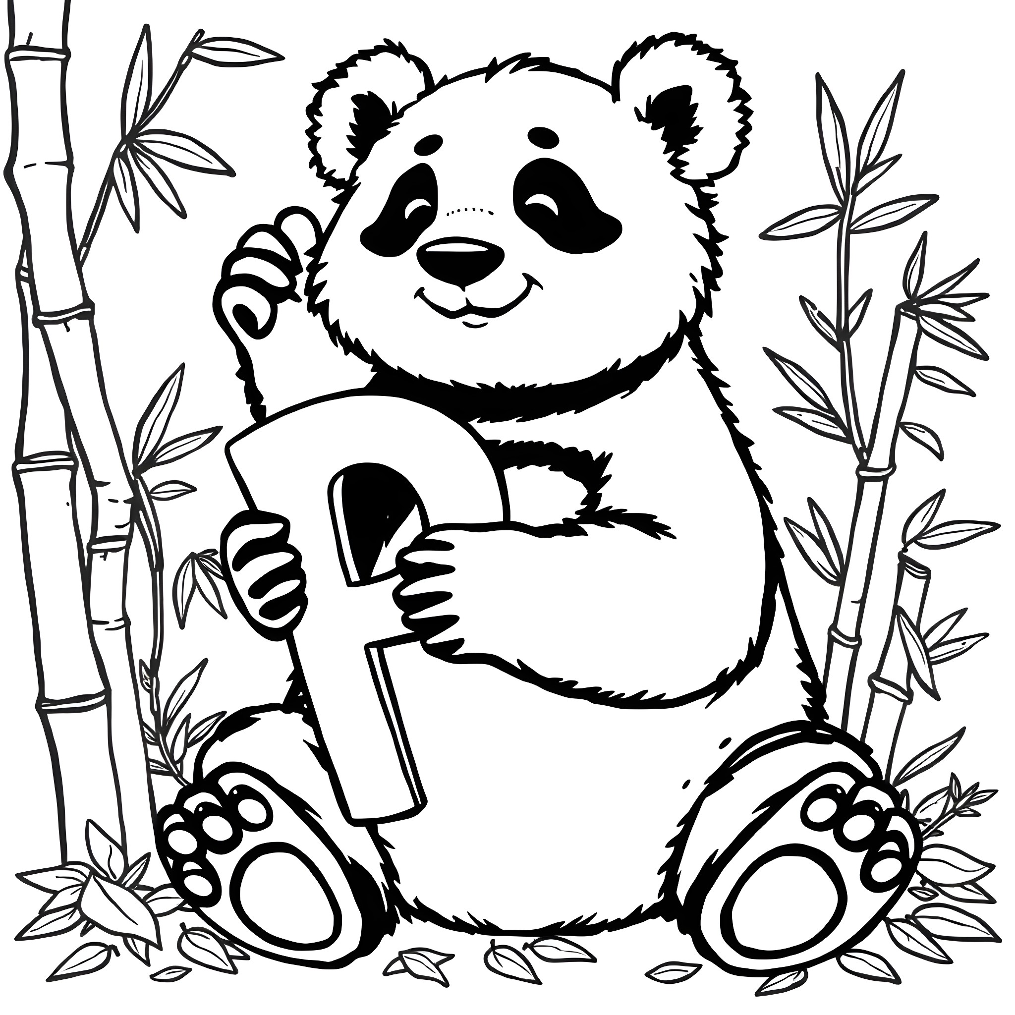 Panda playing happily in bamboo forest Coloring Page (free black-and-white line drawing printable PDF for all, from beginners to advanced learners, including children, teens, adults, and seniors)
