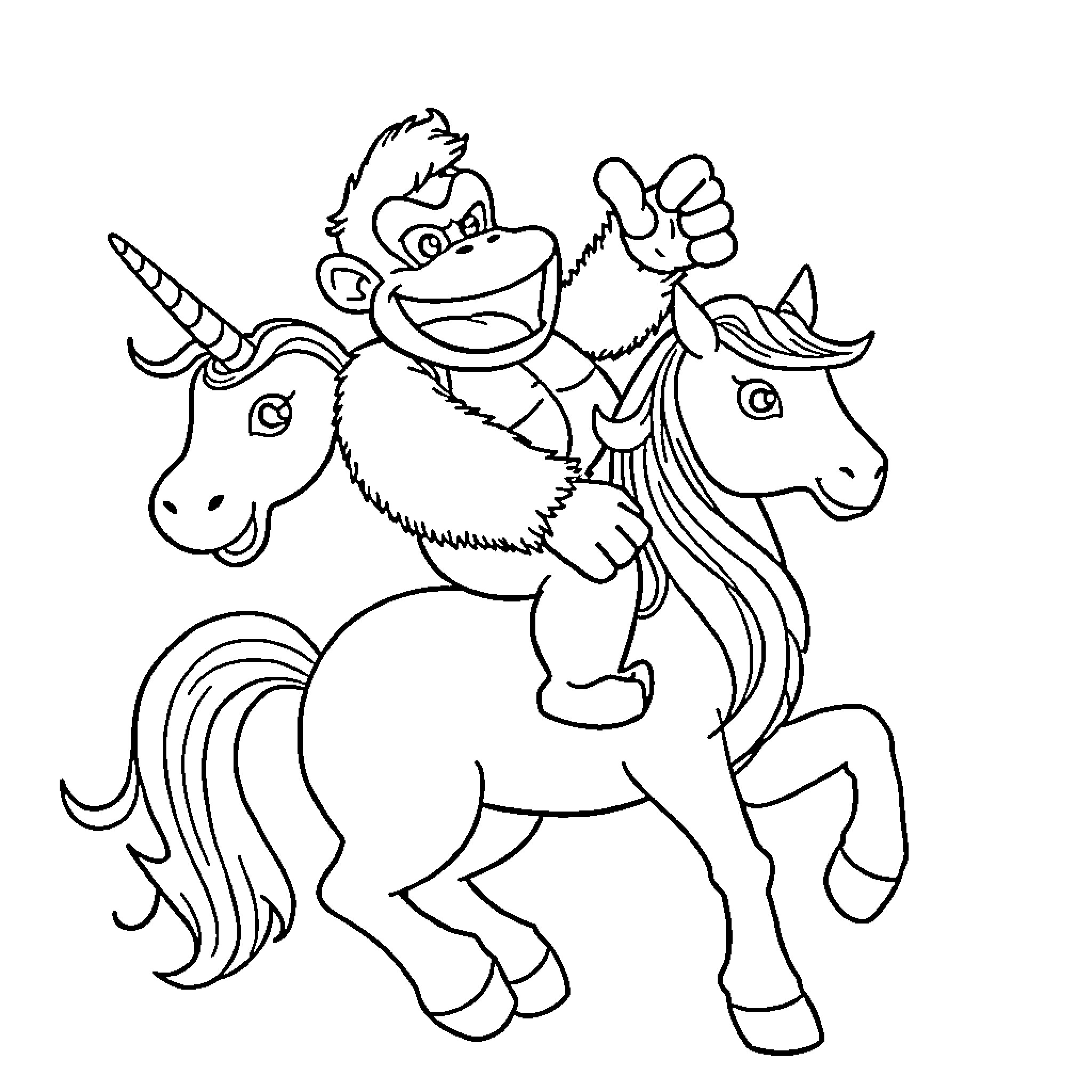 Donkey Kong riding a unicorn happily Coloring Page (free black-and-white line drawing printable PDF for all, from beginners to advanced learners, including children, teens, adults, and seniors)