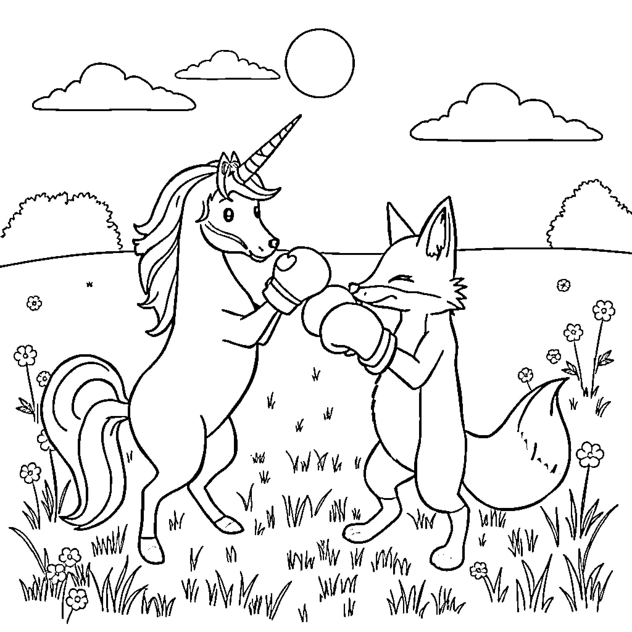 Fox and Unicorn Interacting Outdoors Coloring Page (free black-and-white line drawing printable PDF for all, from beginners to advanced learners, including children, teens, adults, and seniors)