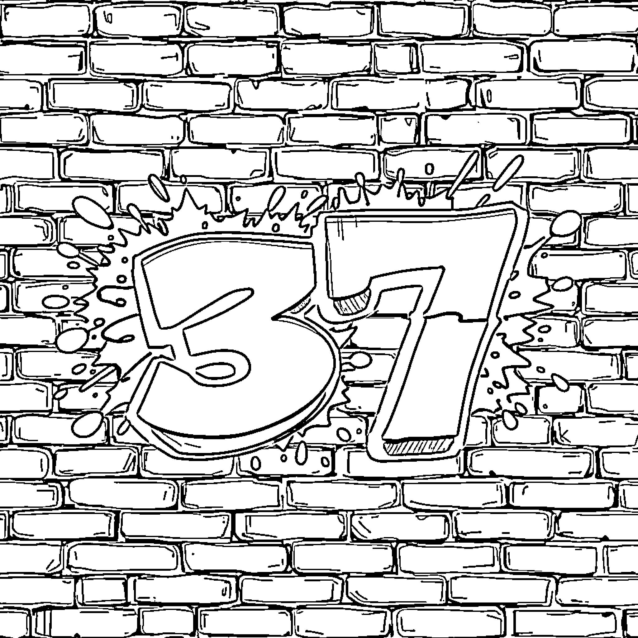 Number 37 Graffiti on Brick Wall Coloring Page (free black-and-white line drawing printable PDF for all, from beginners to advanced learners, including children, teens, adults, and seniors)