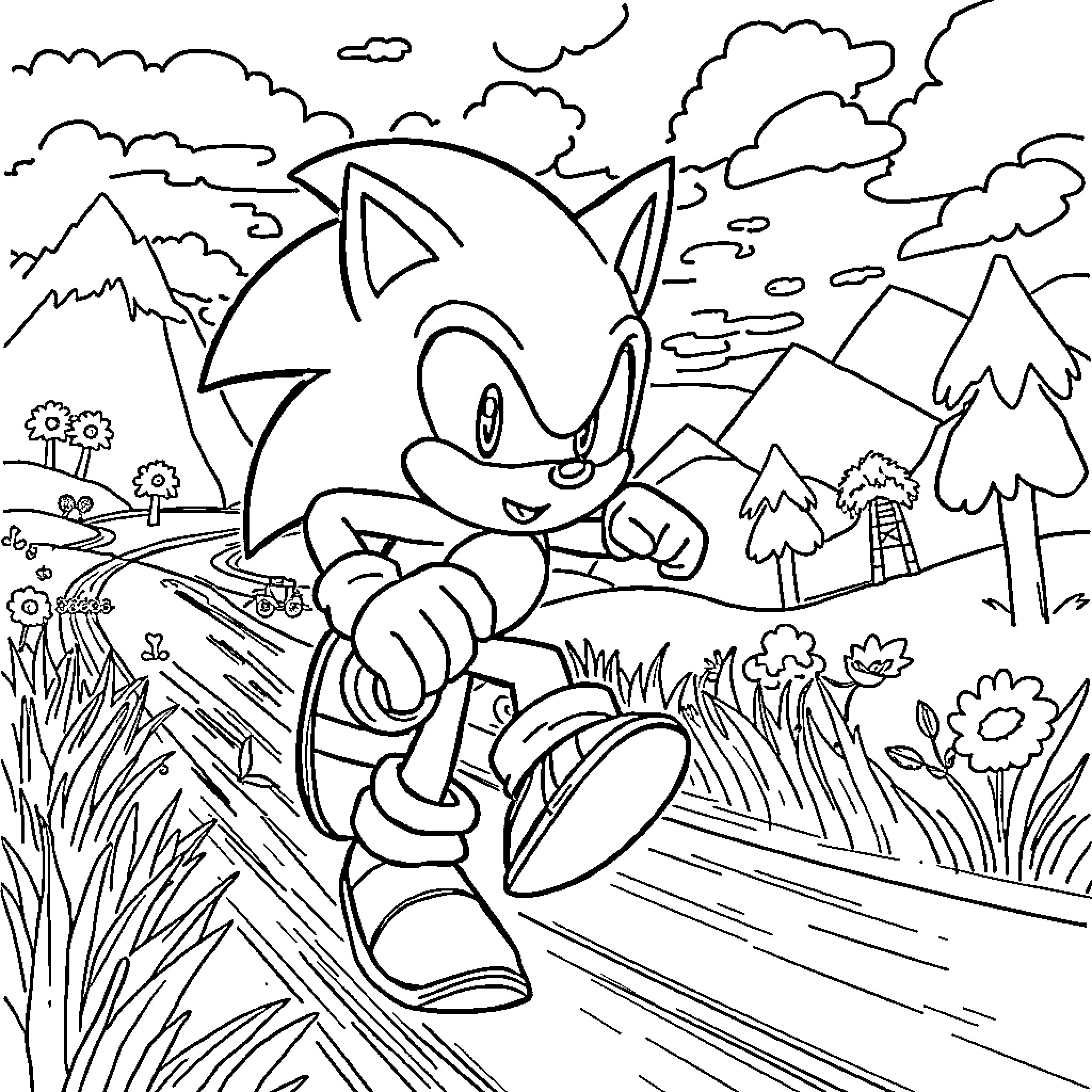 Sonic racing through the enchanting landscape Coloring Page (free black-and-white line drawing printable PDF for all, from beginners to advanced learners, including children, teens, adults, and seniors)