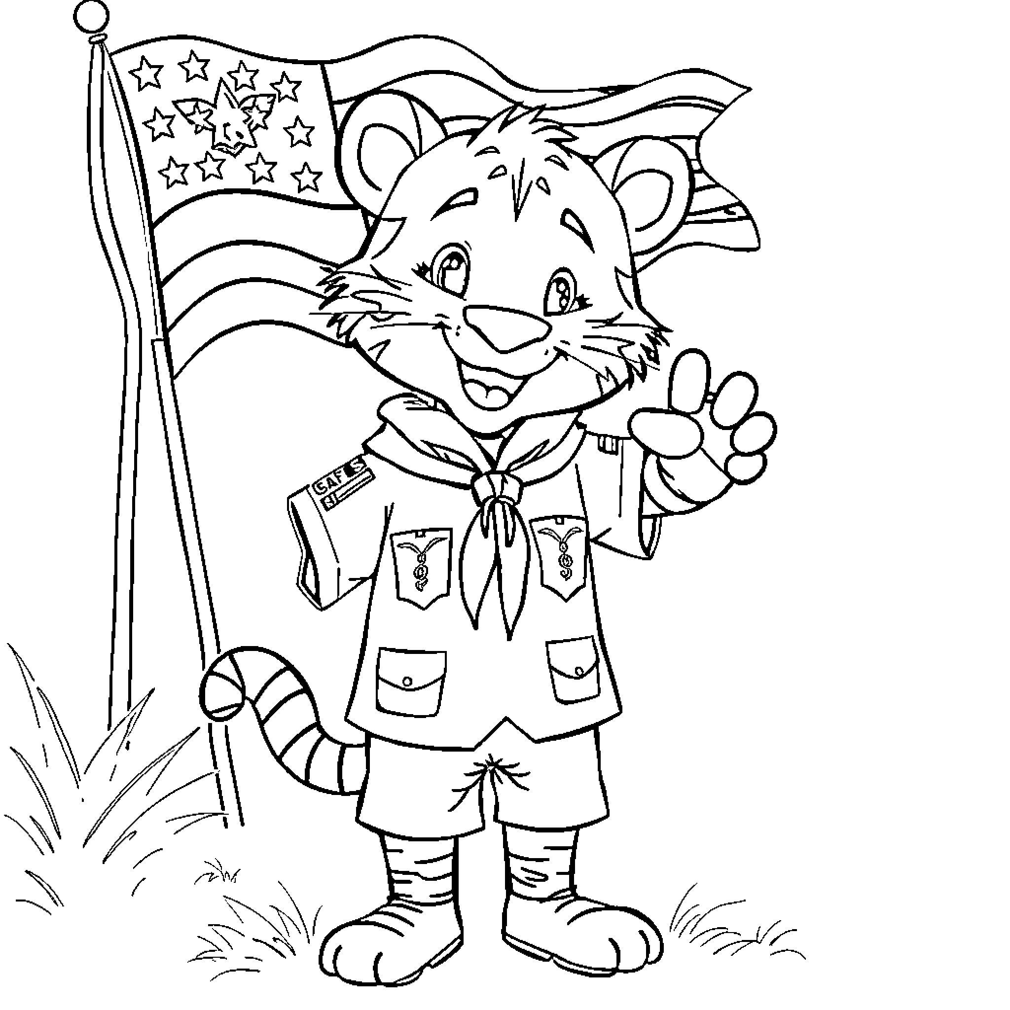 Tiger Scout waving American flag happily Coloring Page (free black-and-white line drawing printable PDF for all, from beginners to advanced learners, including children, teens, adults, and seniors)