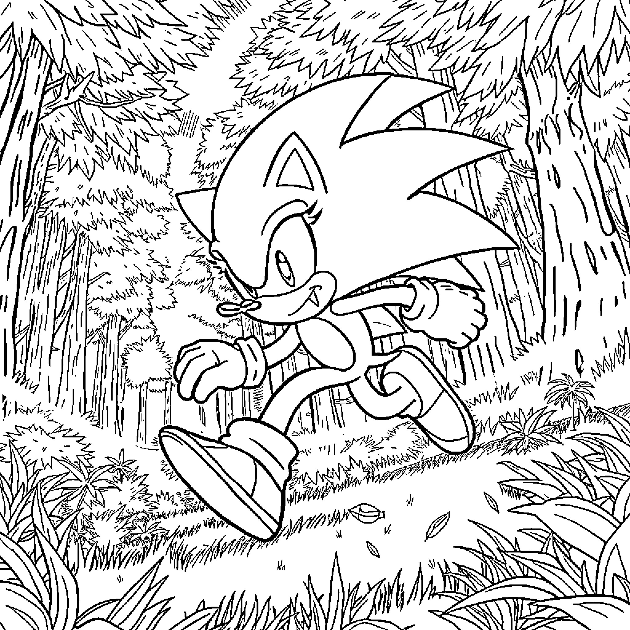 Sonic running through the lush forest Coloring Page (free black-and-white line drawing printable PDF for all, from beginners to advanced learners, including children, teens, adults, and seniors)