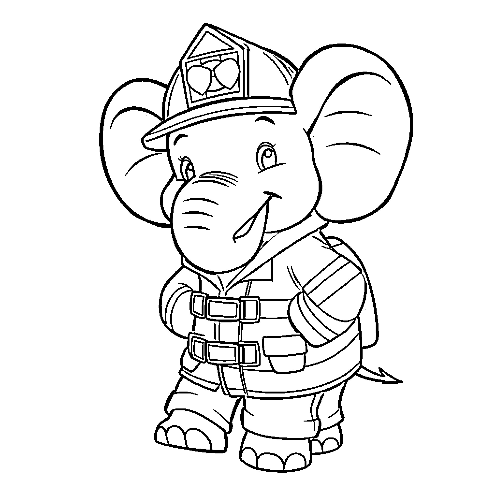Elephant Firefighter in Uniform Coloring Page (free black-and-white line drawing printable PDF for all, from beginners to advanced learners, including children, teens, adults, and seniors)