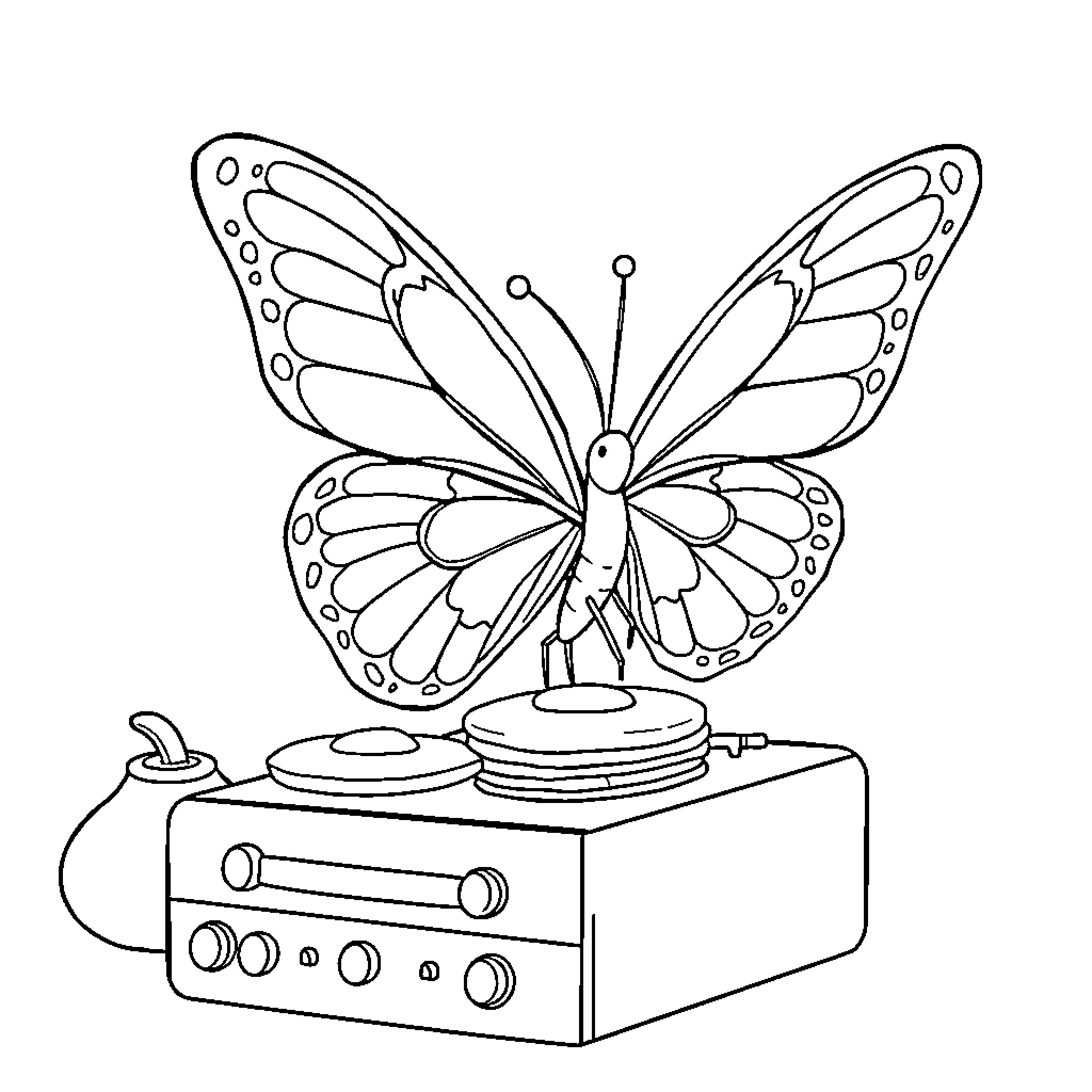 Butterfly dancing on a radio Coloring Page (free black-and-white line drawing printable PDF for all, from beginners to advanced learners, including children, teens, adults, and seniors)