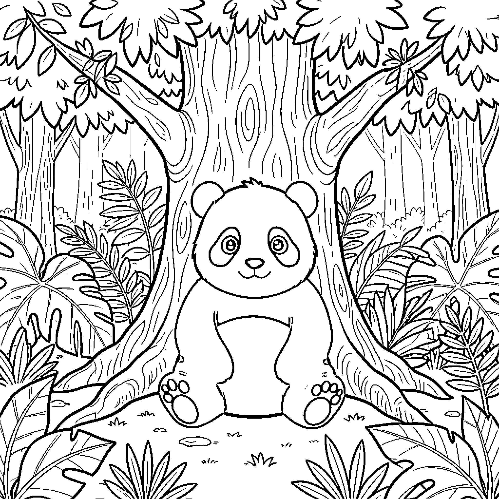 Panda relaxing in lush forest surroundings Coloring Page (free black-and-white line drawing printable PDF for all, from beginners to advanced learners, including children, teens, adults, and seniors)