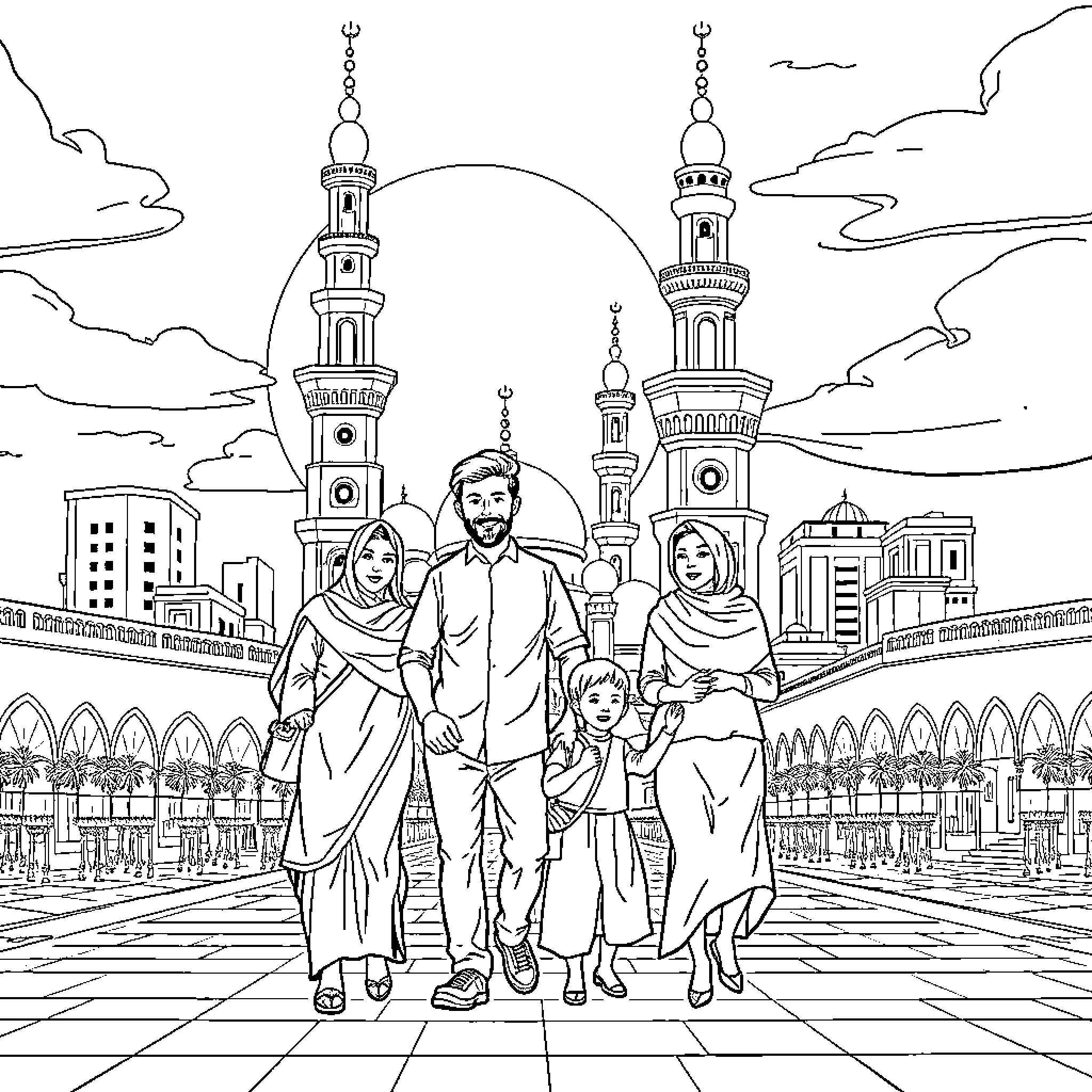 Family outing at the iconic mosque Coloring Page (free black-and-white line drawing printable PDF for all, from beginners to advanced learners, including children, teens, adults, and seniors)