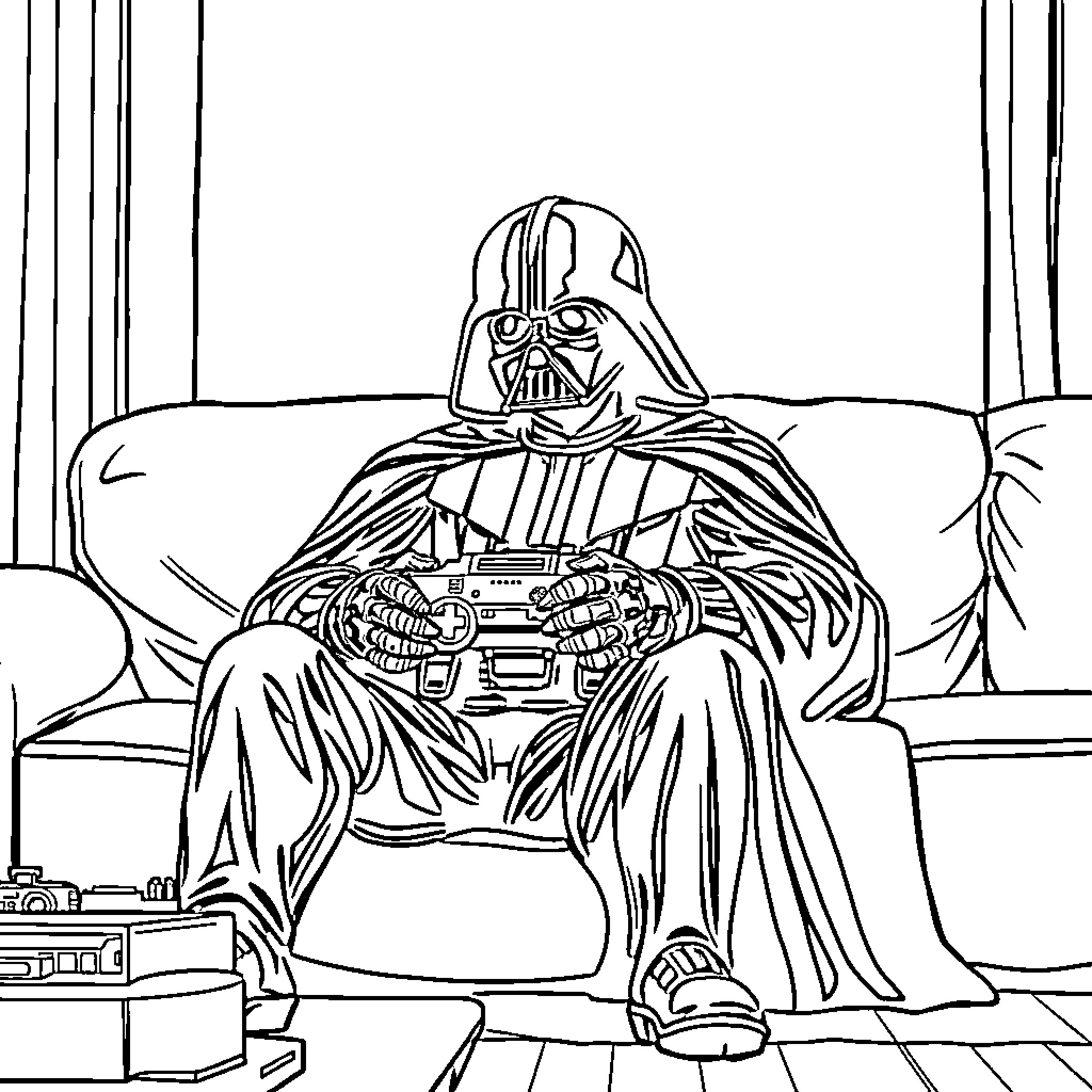 Darth Vader relaxing in his chamber Coloring Page (free black-and-white line drawing printable PDF for all, from beginners to advanced learners, including children, teens, adults, and seniors)