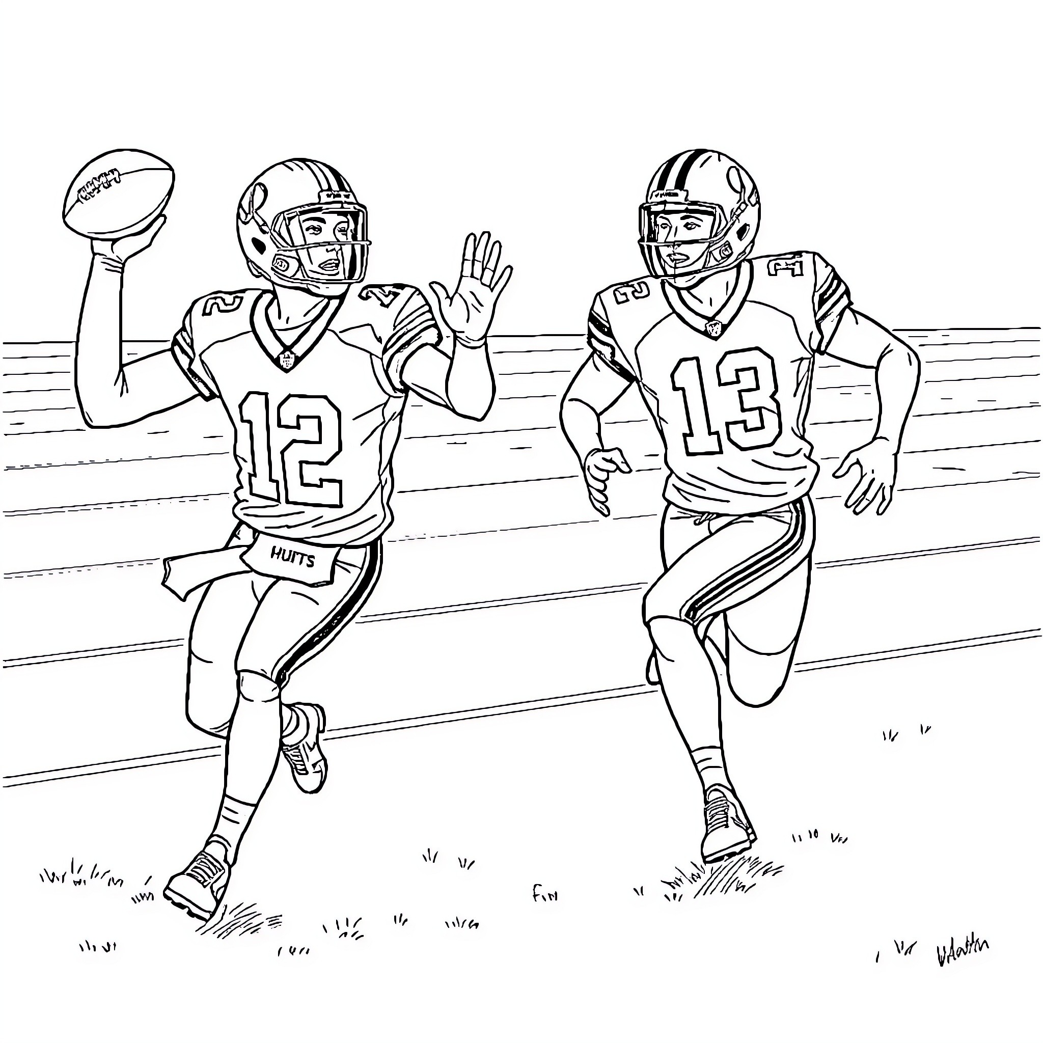 Jalen Hurts Playing Football with Teammates Coloring Page (free black-and-white line drawing printable PDF for all, from beginners to advanced learners, including children, teens, adults, and seniors)